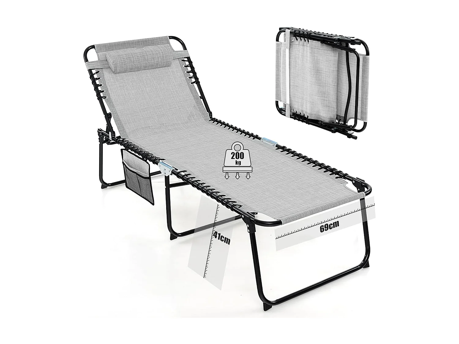 Zonneligstoel met hoofdsteun en zijzak, hoge zithoogte, 69 cm breed, inklapbare ligstoel met verstelbare rugleuning, strandstoel, ligstoel voor tuin (grijs)ZB33922
