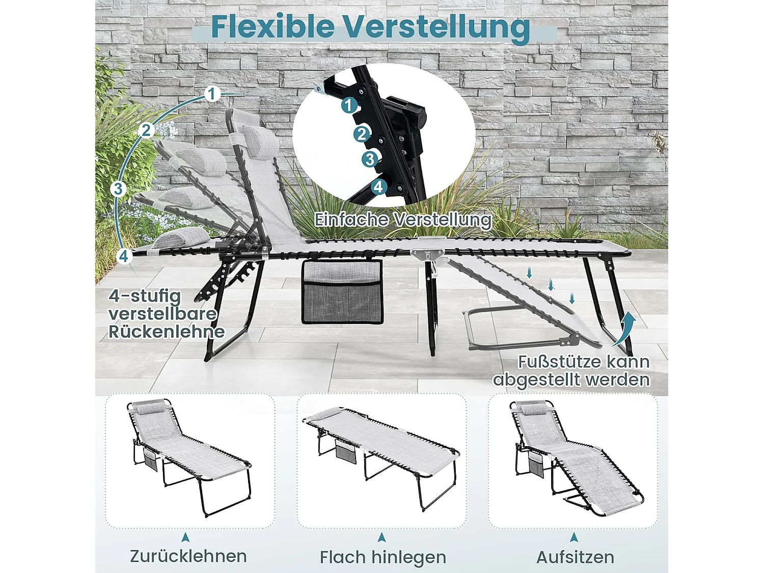 Zonneligstoel met hoofdsteun en zijzak, hoge zithoogte, 69 cm breed, inklapbare ligstoel met verstelbare rugleuning, strandstoel, ligstoel voor tuin (grijs)ZB33922