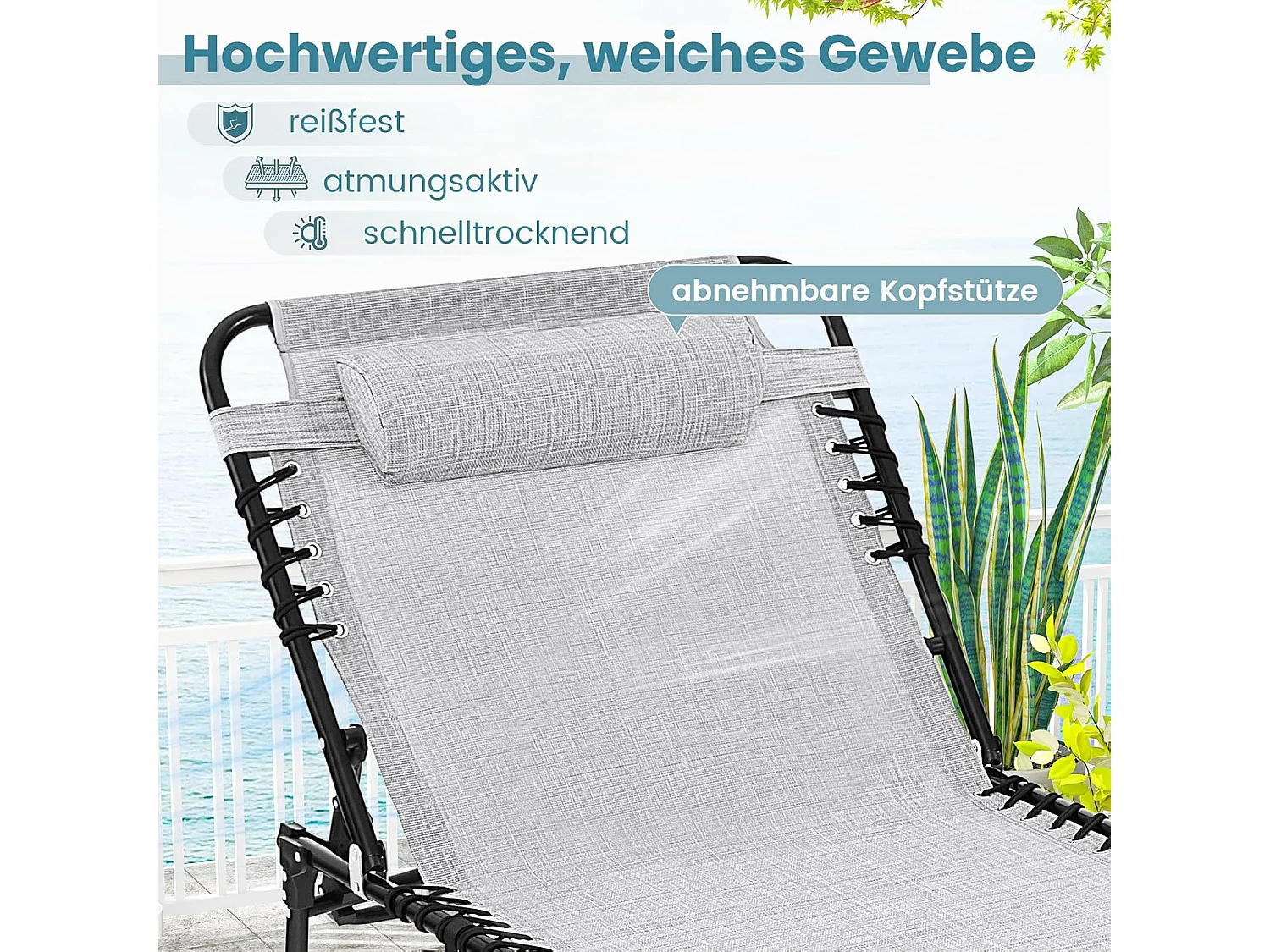 Zonneligstoel met hoofdsteun en zijzak, hoge zithoogte, 69 cm breed, inklapbare ligstoel met verstelbare rugleuning, strandstoel, ligstoel voor tuin (grijs)ZB33922
