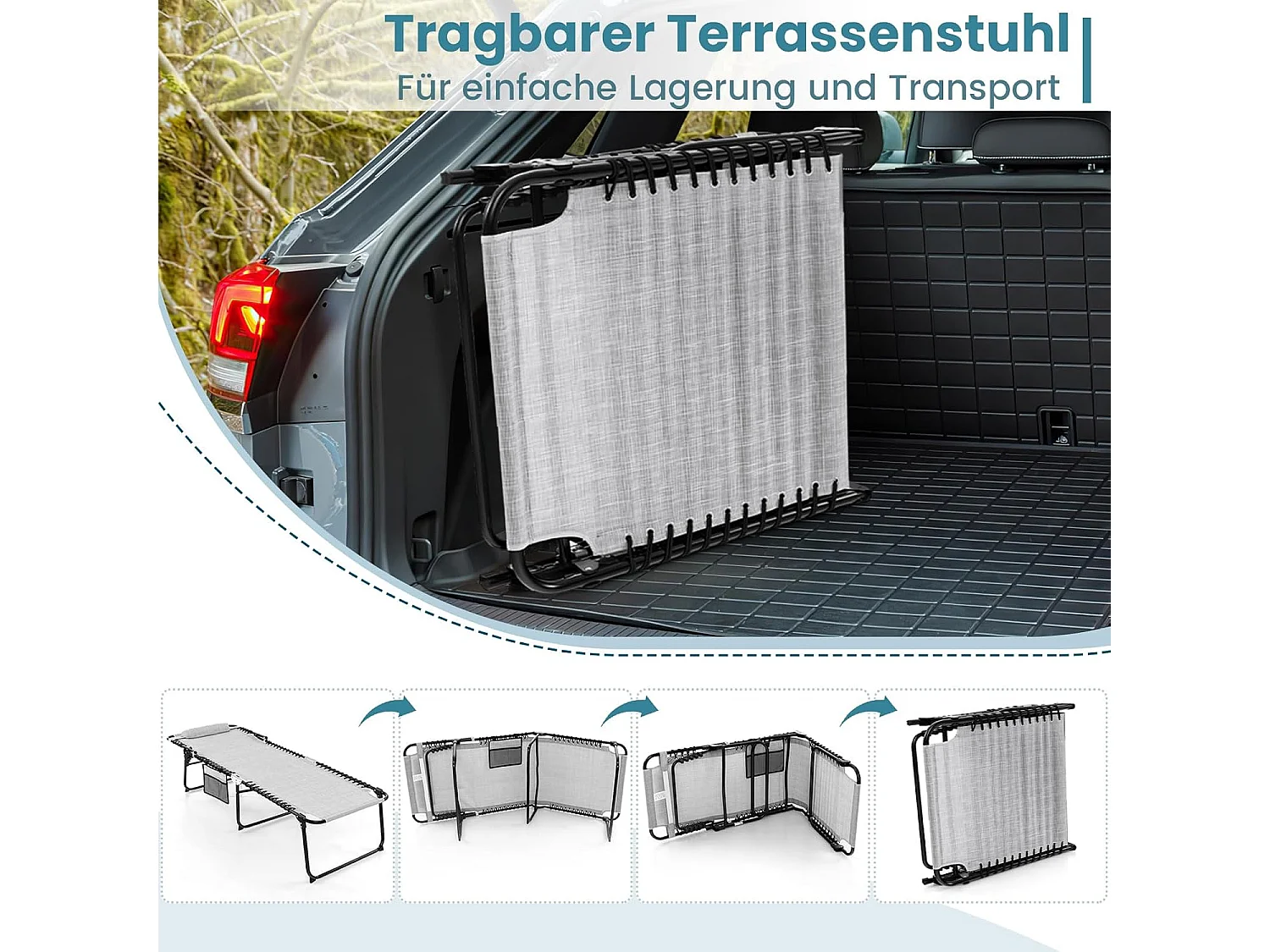 Zonneligstoel met hoofdsteun en zijzak, hoge zithoogte, 69 cm breed, inklapbare ligstoel met verstelbare rugleuning, strandstoel, ligstoel voor tuin (grijs)ZB33922