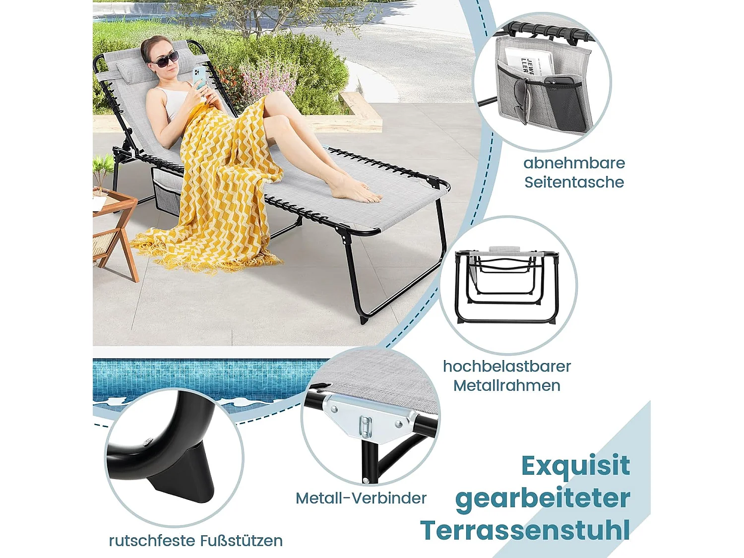 Zonneligstoel met hoofdsteun en zijzak, hoge zithoogte, 69 cm breed, inklapbare ligstoel met verstelbare rugleuning, strandstoel, ligstoel voor tuin (grijs)ZB33922