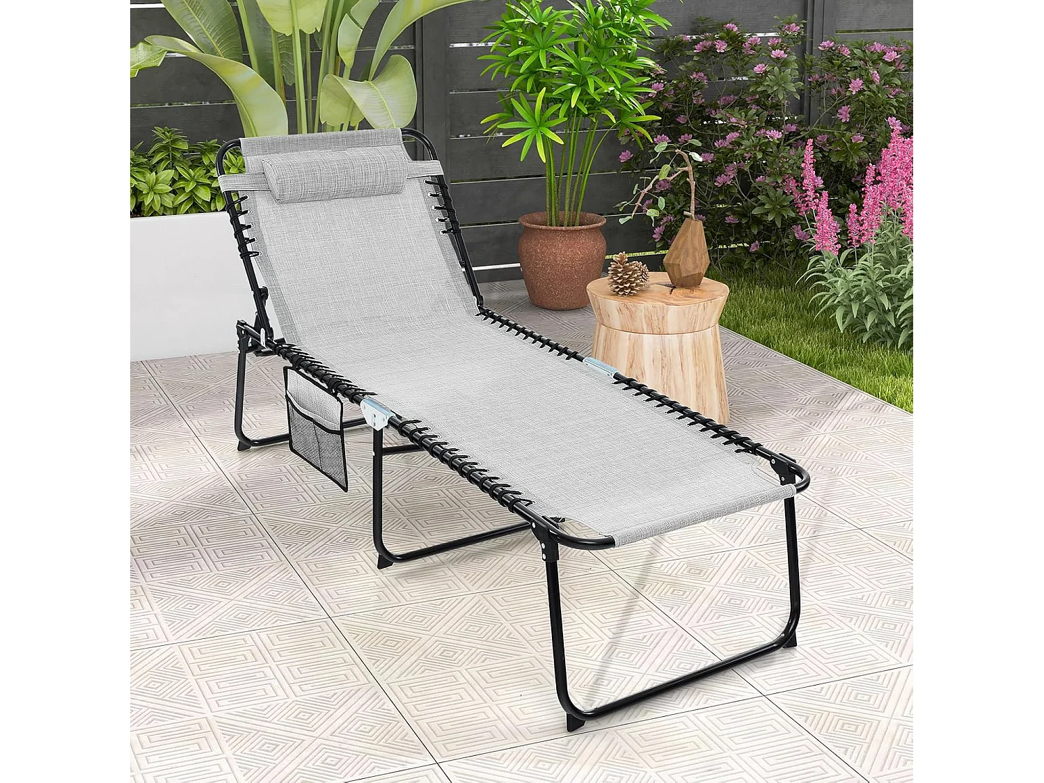 Zonneligstoel met hoofdsteun en zijzak, hoge zithoogte, 69 cm breed, inklapbare ligstoel met verstelbare rugleuning, strandstoel, ligstoel voor tuin (grijs)ZB33922