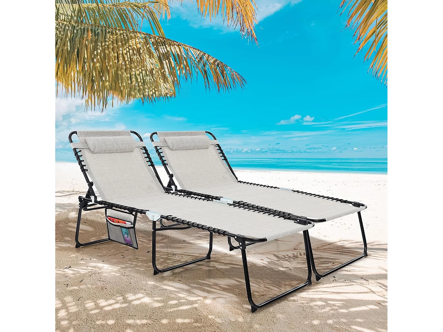 Zonneligstoel met hoofdsteun en zijzak, hoge zithoogte, 69 cm breed, inklapbare ligstoel met verstelbare rugleuning, strandstoel, ligstoel voor tuin (grijs)ZB33922