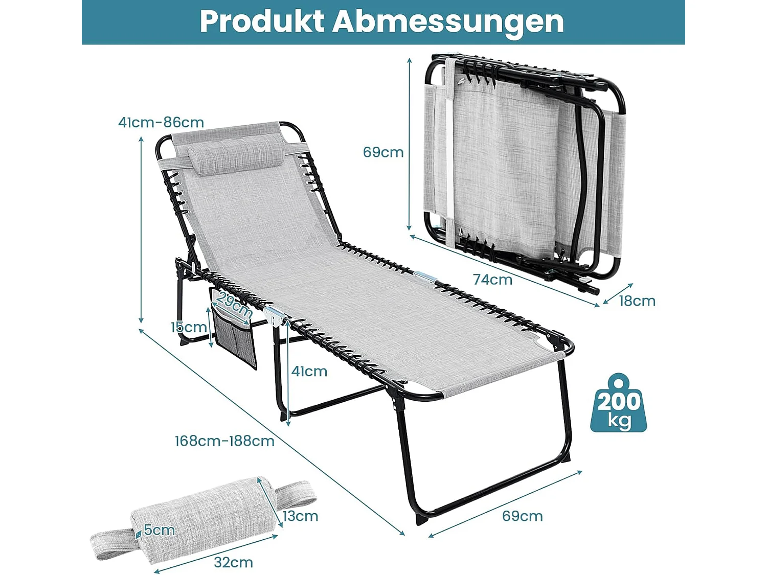 Zonneligstoel met hoofdsteun en zijzak, hoge zithoogte, 69 cm breed, inklapbare ligstoel met verstelbare rugleuning, strandstoel, ligstoel voor tuin (grijs)ZB33922