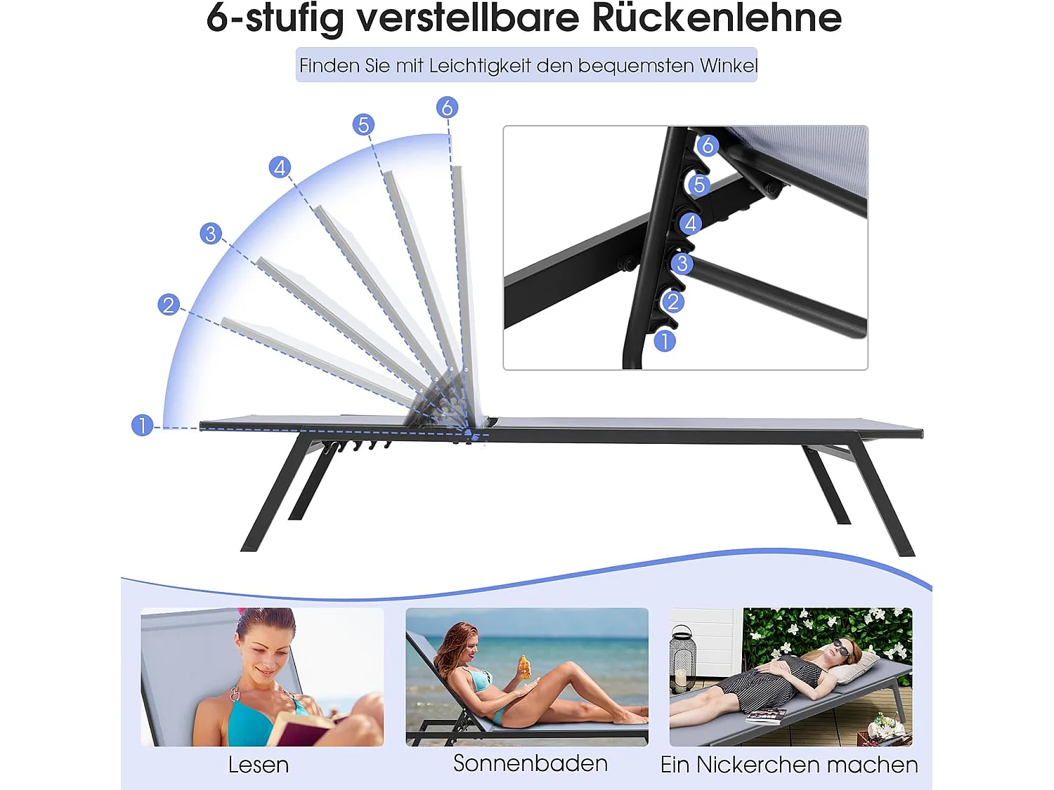 Ligstoel, tuinligstoel met verstelbare rugleuning en sneldrogende stof, belastbaar tot 150 kg, ligstoel voor tuin, terras, zwembad, 199,5 x 70 x 35 cmZB32621