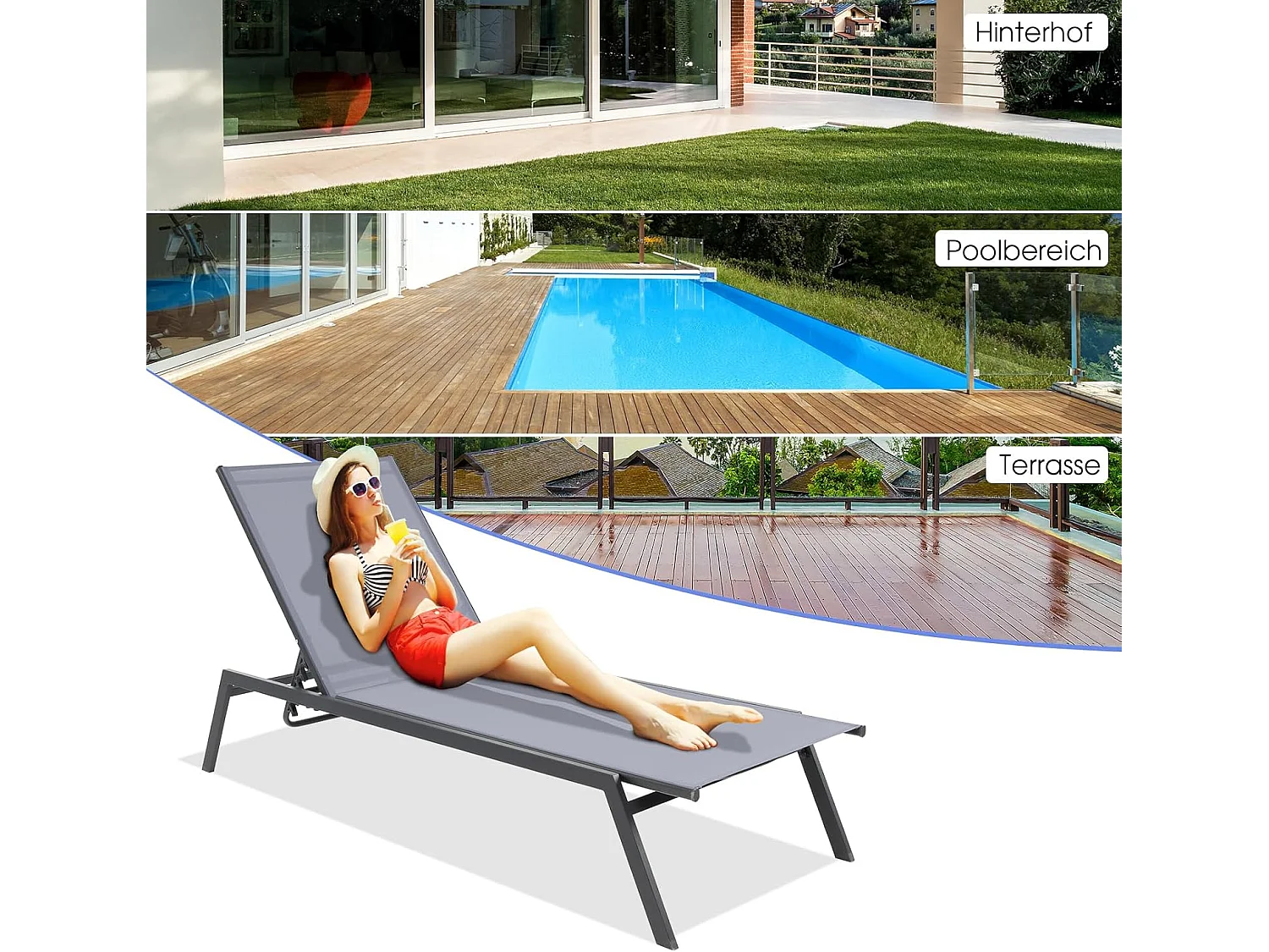 Ligstoel, tuinligstoel met verstelbare rugleuning en sneldrogende stof, belastbaar tot 150 kg, ligstoel voor tuin, terras, zwembad, 199,5 x 70 x 35 cmZB32621