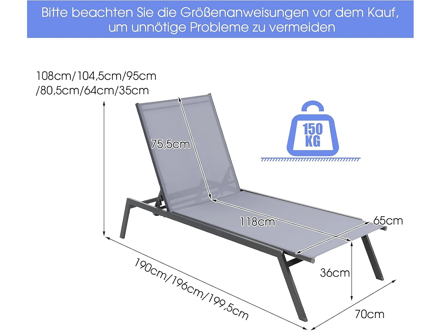 Ligstoel, tuinligstoel met verstelbare rugleuning en sneldrogende stof, belastbaar tot 150 kg, ligstoel voor tuin, terras, zwembad, 199,5 x 70 x 35 cmZB32621