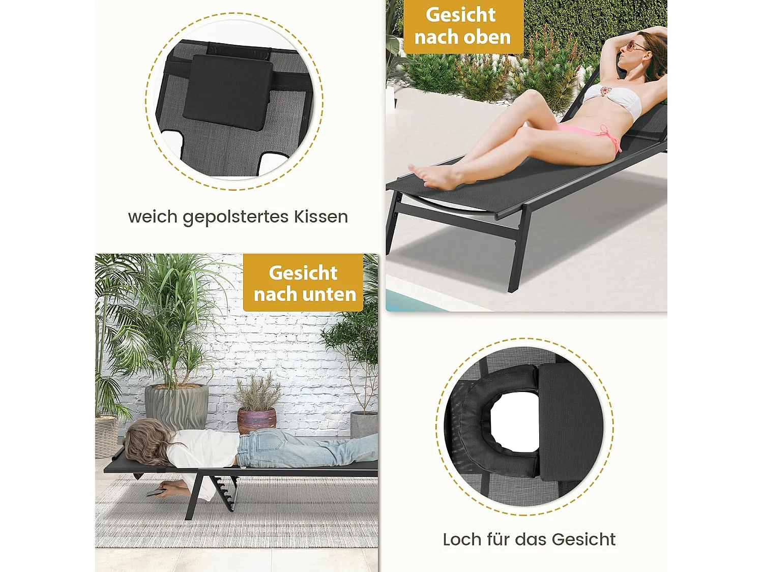 Zonneligstoel met gezichtsopening, ligstoel met 5-voudig verstelbare rugleuning en afneembaar hoofdkussen, terrasstoel, ligstoel 207 x 63 x 31 cmZB33359