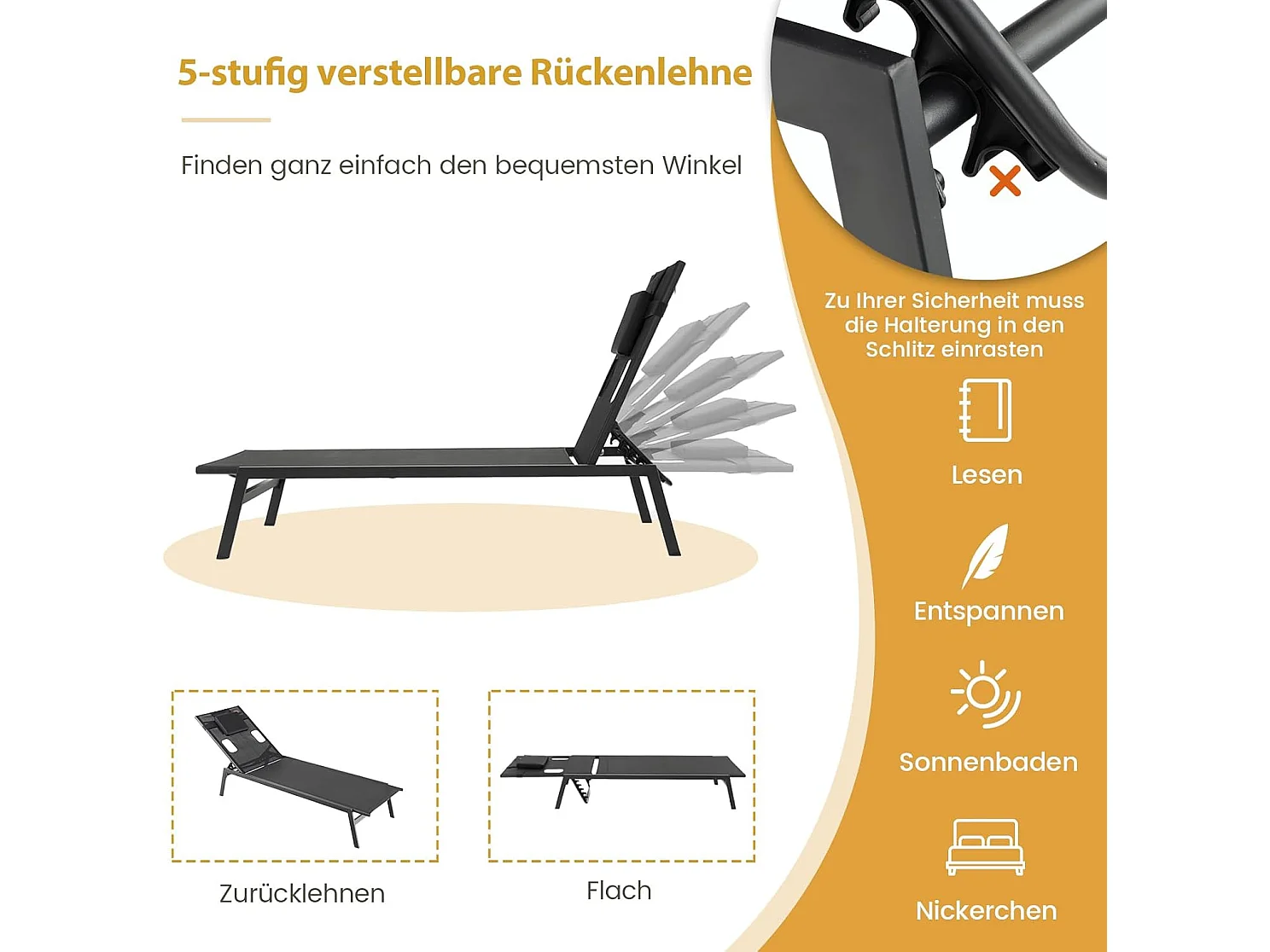 Zonneligstoel met gezichtsopening, ligstoel met 5-voudig verstelbare rugleuning en afneembaar hoofdkussen, terrasstoel, ligstoel 207 x 63 x 31 cmZB33359