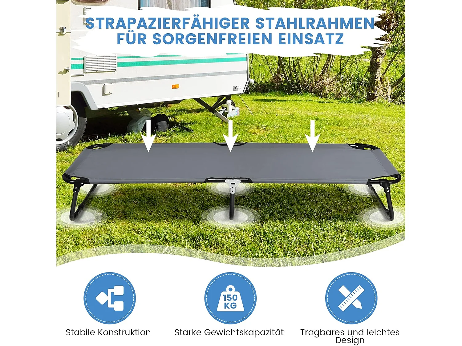 Veldbed, campingbed, belastbaar tot 150 kg, opklapbed, ligbed, campingligbed, eenpersoonsbed, 191 x 56 x 31 cm (grijs)AB92780