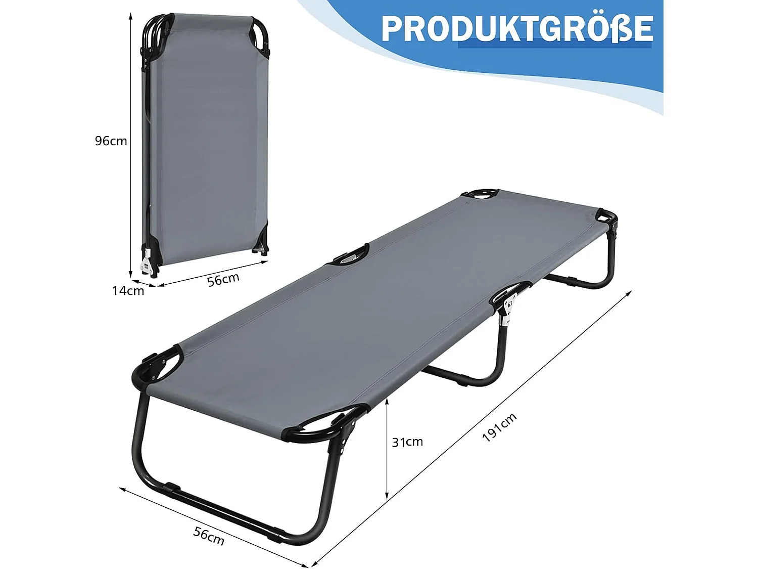 Veldbed, campingbed, belastbaar tot 150 kg, opklapbed, ligbed, campingligbed, eenpersoonsbed, 191 x 56 x 31 cm (grijs)AB92780