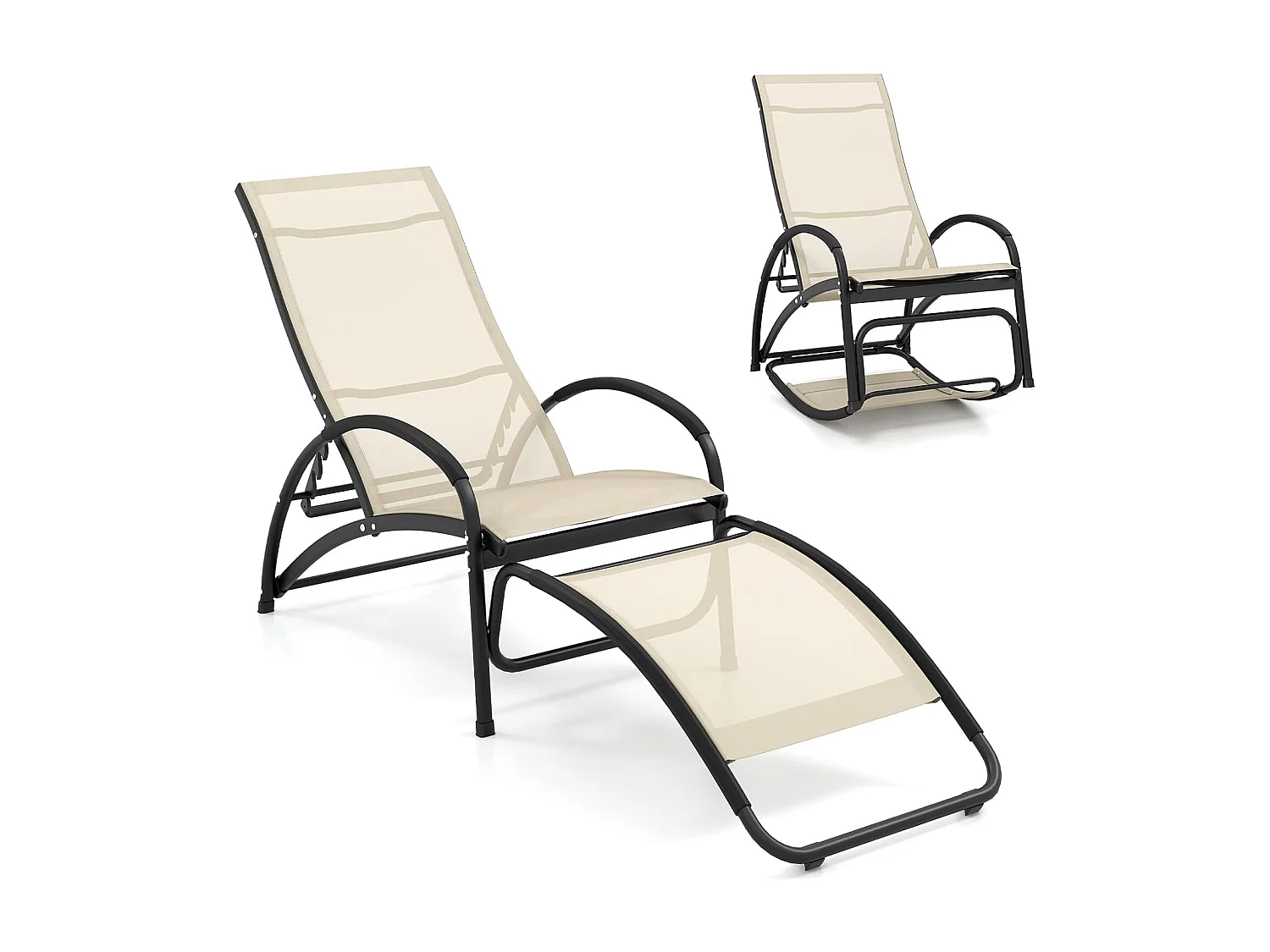 2-in-1 zonnestoel, converteerbare schommelstoel met verstelbare rugleuning en gebogen armleuningen,ligstoel voor terras, tuin, zwembad (beige)ZB33837