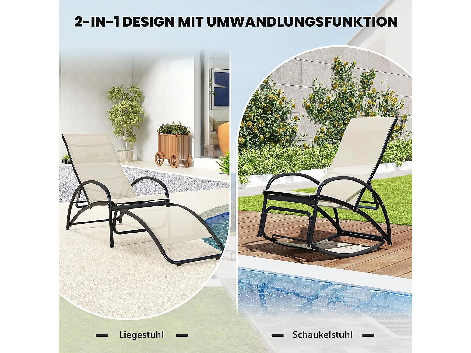 2-in-1 zonnestoel, converteerbare schommelstoel met verstelbare rugleuning en gebogen armleuningen,ligstoel voor terras, tuin, zwembad (beige)ZB33837
