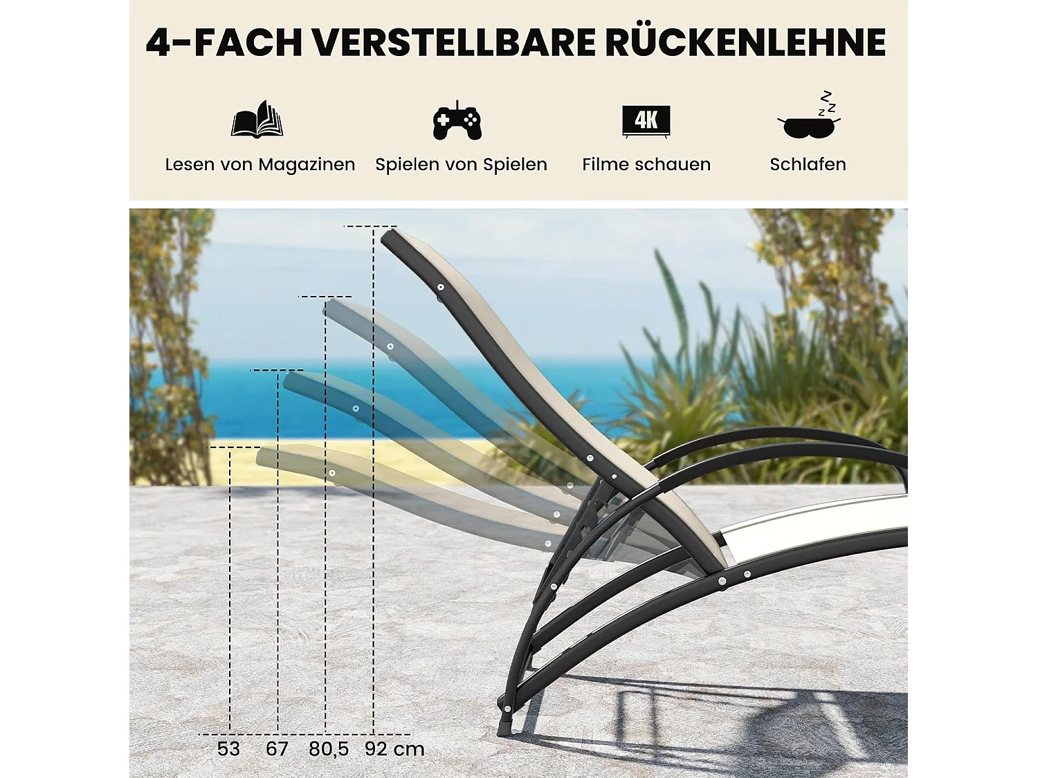 2-in-1 zonnestoel, converteerbare schommelstoel met verstelbare rugleuning en gebogen armleuningen,ligstoel voor terras, tuin, zwembad (beige)ZB33837