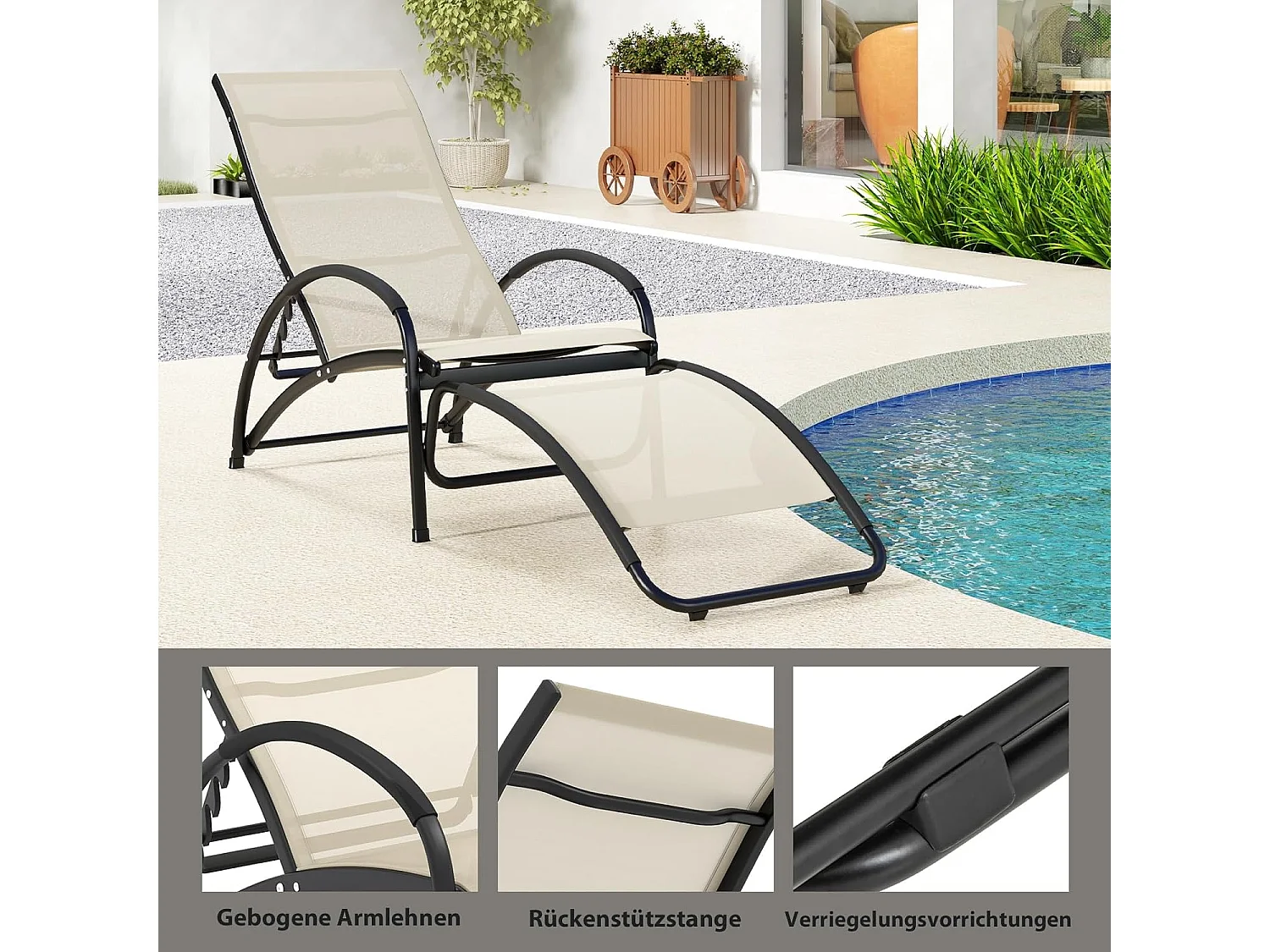 2-in-1 zonnestoel, converteerbare schommelstoel met verstelbare rugleuning en gebogen armleuningen,ligstoel voor terras, tuin, zwembad (beige)ZB33837