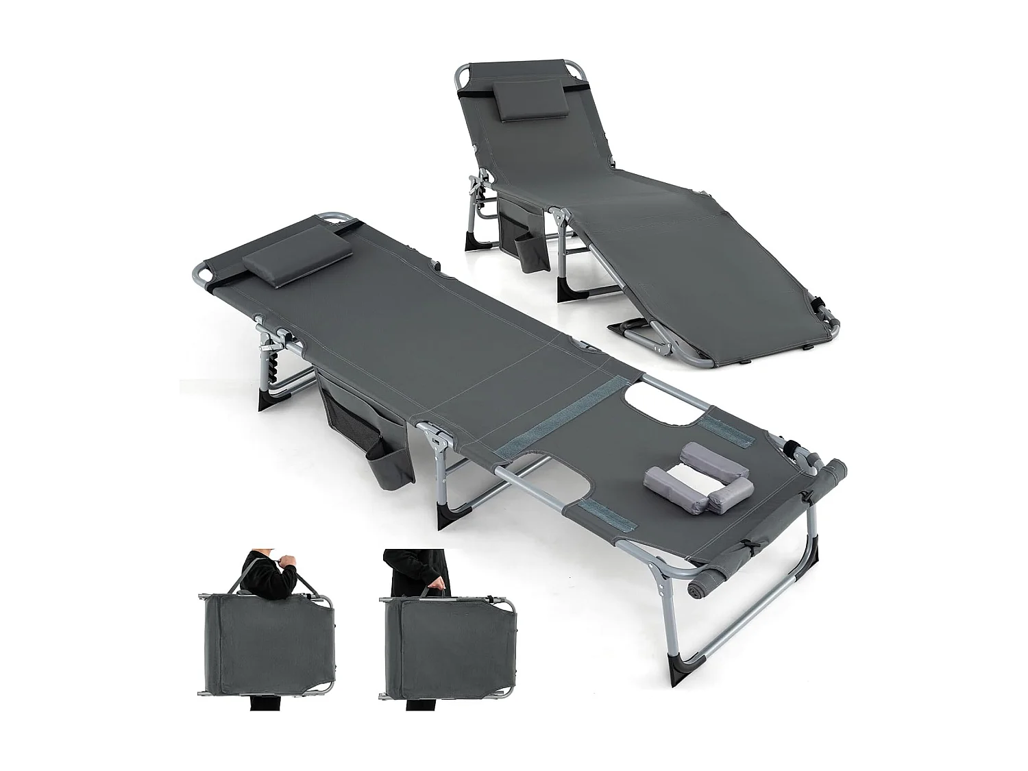 Zonneligstoel met gezichtsopening, opvouwbare ligstoel met verstelbare rugleuning en voetensteun, zijzak, ligstoel voor strand, tuin, balkon,grijsZB33480