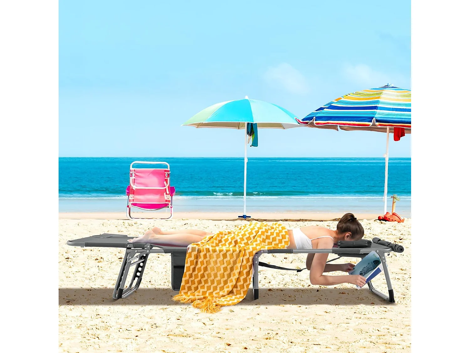 Zonneligstoel met gezichtsopening, opvouwbare ligstoel met verstelbare rugleuning en voetensteun, zijzak, ligstoel voor strand, tuin, balkon,grijsZB33480