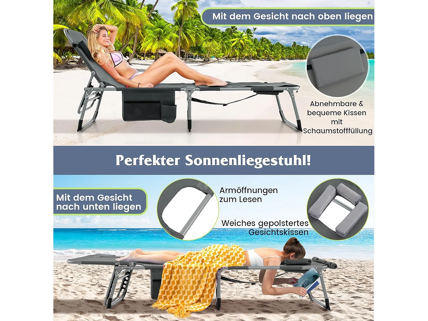 Zonneligstoel met gezichtsopening, opvouwbare ligstoel met verstelbare rugleuning en voetensteun, zijzak, ligstoel voor strand, tuin, balkon,grijsZB33480