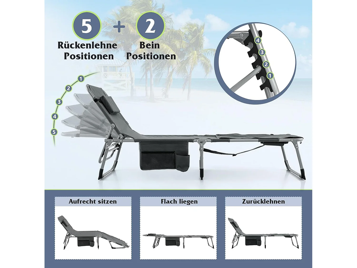 Zonneligstoel met gezichtsopening, opvouwbare ligstoel met verstelbare rugleuning en voetensteun, zijzak, ligstoel voor strand, tuin, balkon,grijsZB33480