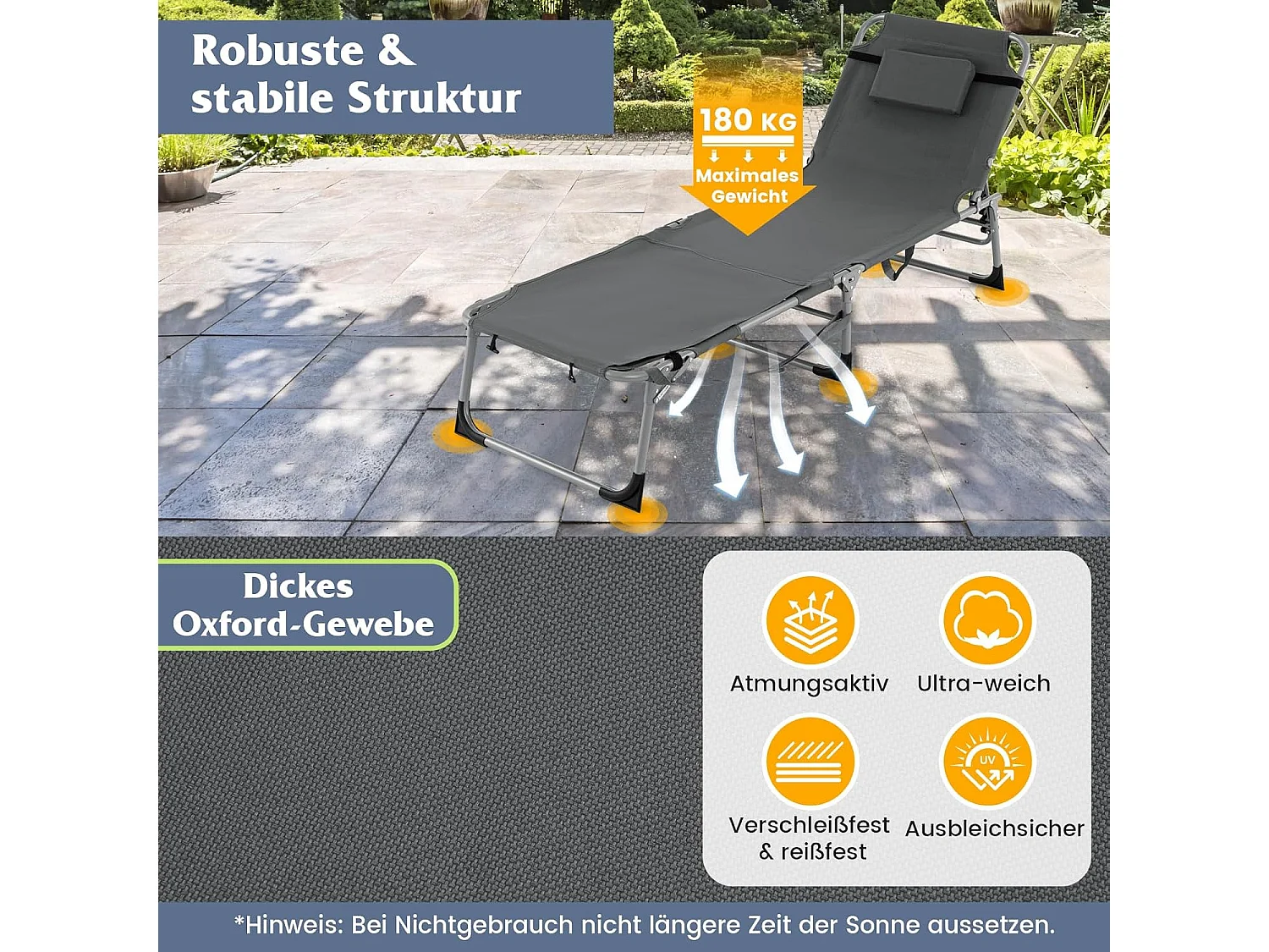 Zonneligstoel met gezichtsopening, opvouwbare ligstoel met verstelbare rugleuning en voetensteun, zijzak, ligstoel voor strand, tuin, balkon,grijsZB33480