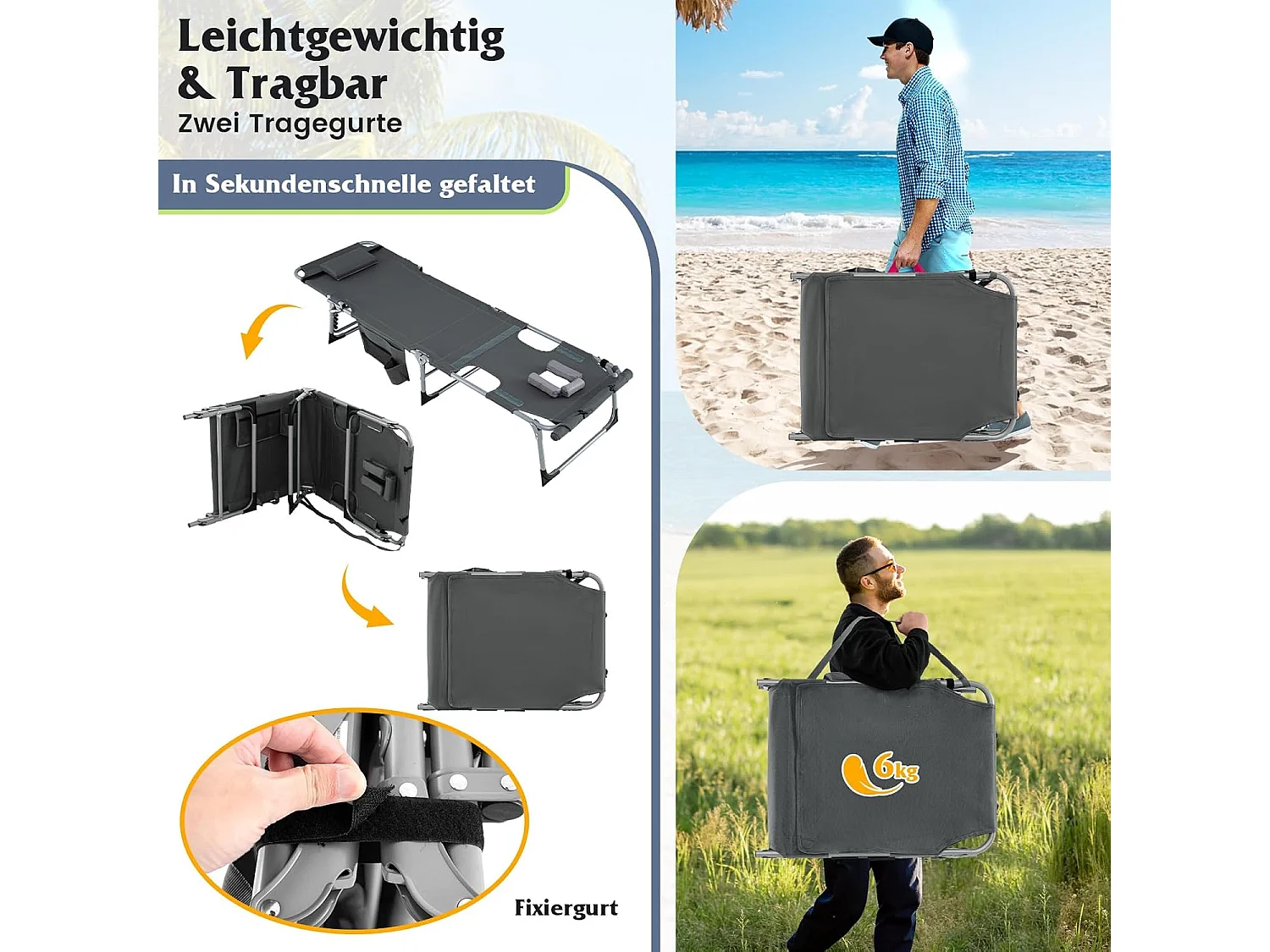 Zonneligstoel met gezichtsopening, opvouwbare ligstoel met verstelbare rugleuning en voetensteun, zijzak, ligstoel voor strand, tuin, balkon,grijsZB33480