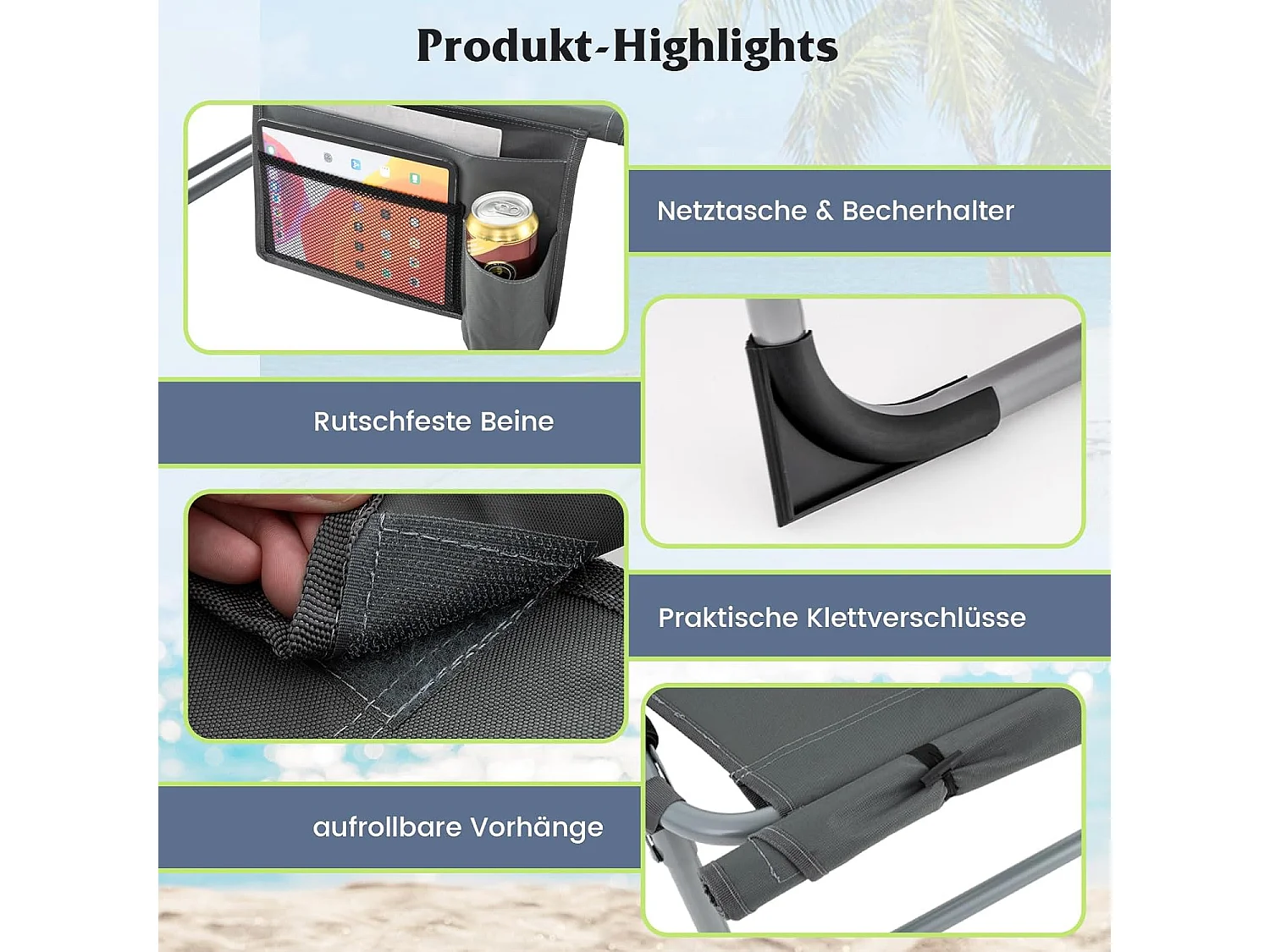 Zonneligstoel met gezichtsopening, opvouwbare ligstoel met verstelbare rugleuning en voetensteun, zijzak, ligstoel voor strand, tuin, balkon,grijsZB33480