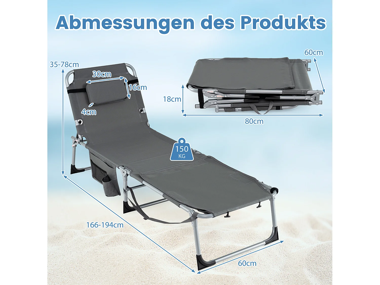 Zonneligstoel met gezichtsopening, opvouwbare ligstoel met verstelbare rugleuning en voetensteun, zijzak, ligstoel voor strand, tuin, balkon,grijsZB33480