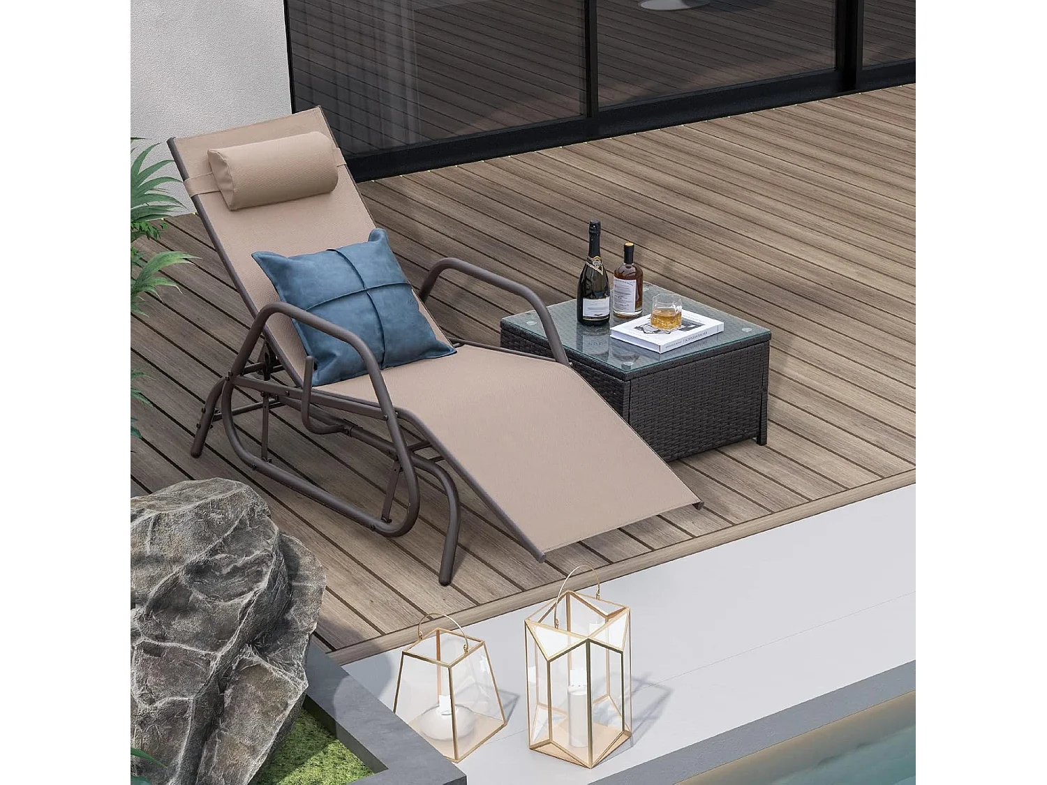 Zonneligstoel met schommelfunctie, ligstoel met verstelbare rugleuning, ligstoel met hoofdkussen, ademende stof, relaxstoel, terrasligstoel (bruin)ZB33253