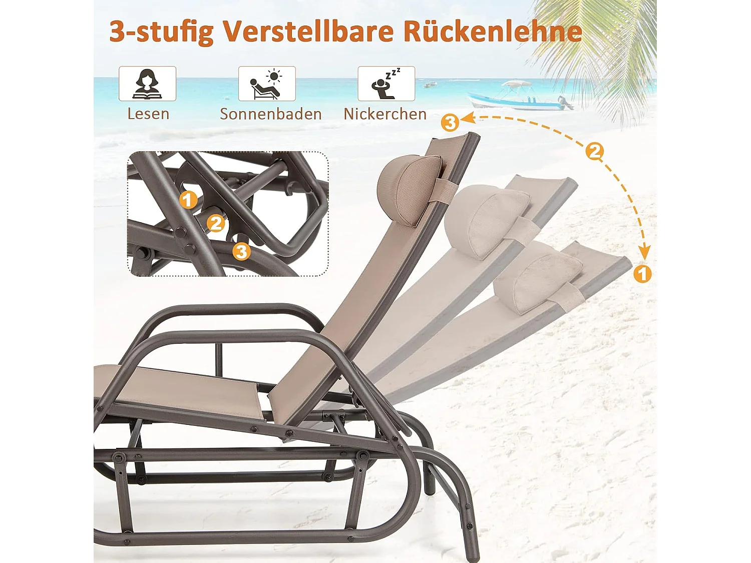 Zonneligstoel met schommelfunctie, ligstoel met verstelbare rugleuning, ligstoel met hoofdkussen, ademende stof, relaxstoel, terrasligstoel (bruin)ZB33253