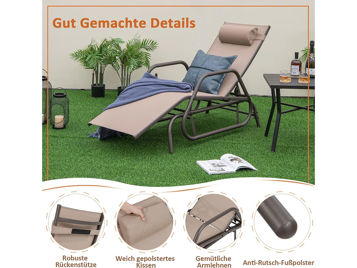 Zonneligstoel met schommelfunctie, ligstoel met verstelbare rugleuning, ligstoel met hoofdkussen, ademende stof, relaxstoel, terrasligstoel (bruin)ZB33253