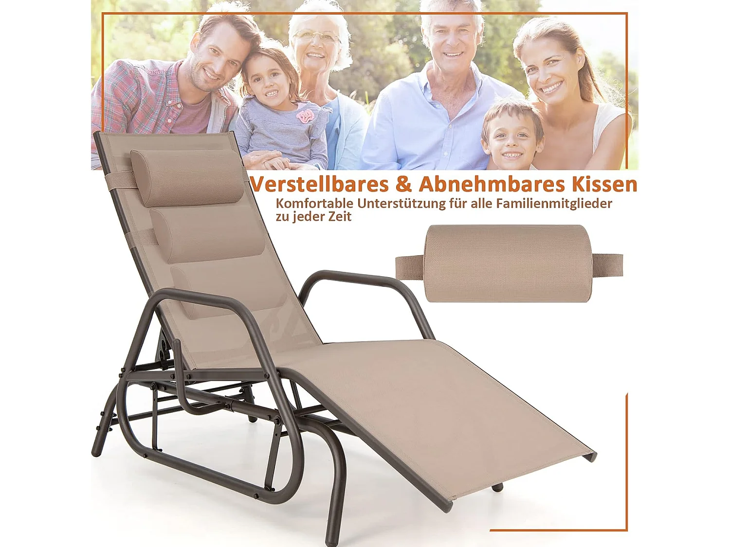 Zonneligstoel met schommelfunctie, ligstoel met verstelbare rugleuning, ligstoel met hoofdkussen, ademende stof, relaxstoel, terrasligstoel (bruin)ZB33253