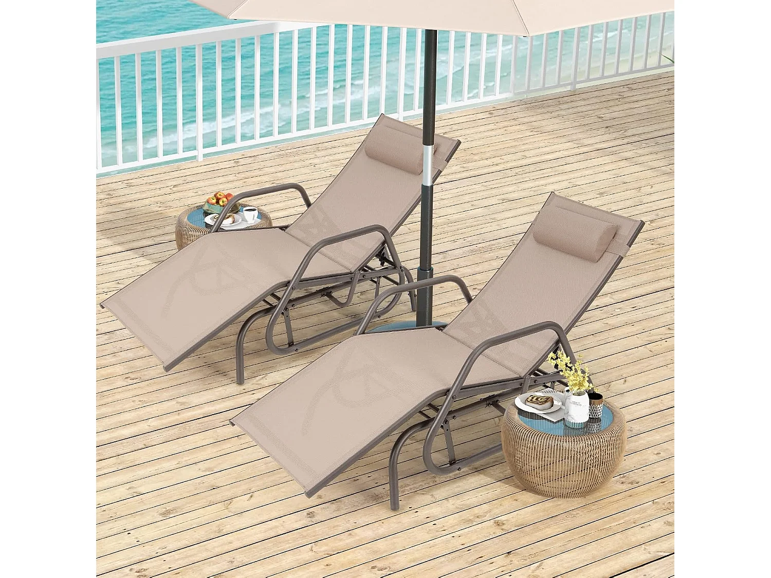 Zonneligstoel met schommelfunctie, ligstoel met verstelbare rugleuning, ligstoel met hoofdkussen, ademende stof, relaxstoel, terrasligstoel (bruin)ZB33253