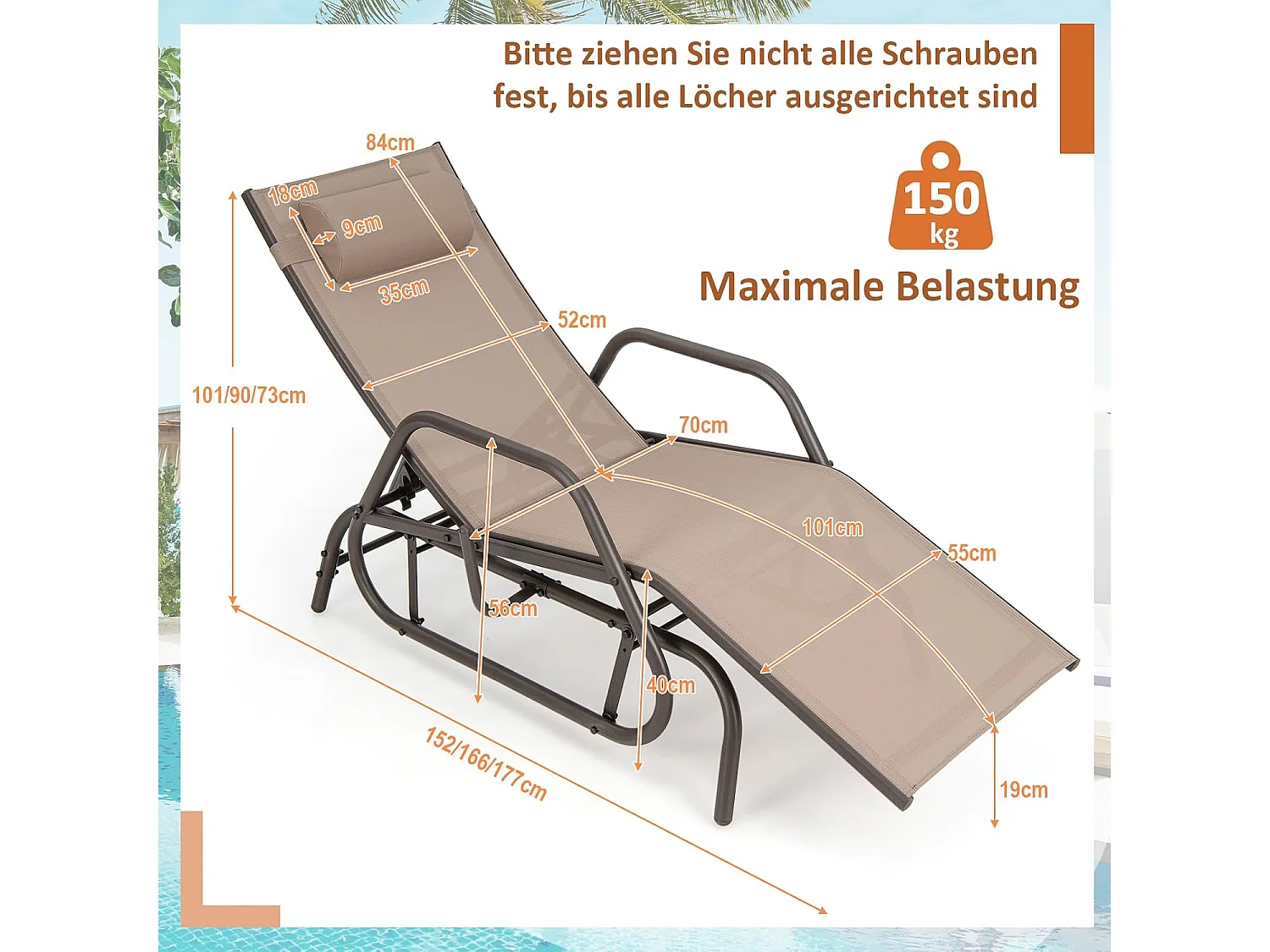 Zonneligstoel met schommelfunctie, ligstoel met verstelbare rugleuning, ligstoel met hoofdkussen, ademende stof, relaxstoel, terrasligstoel (bruin)ZB33253