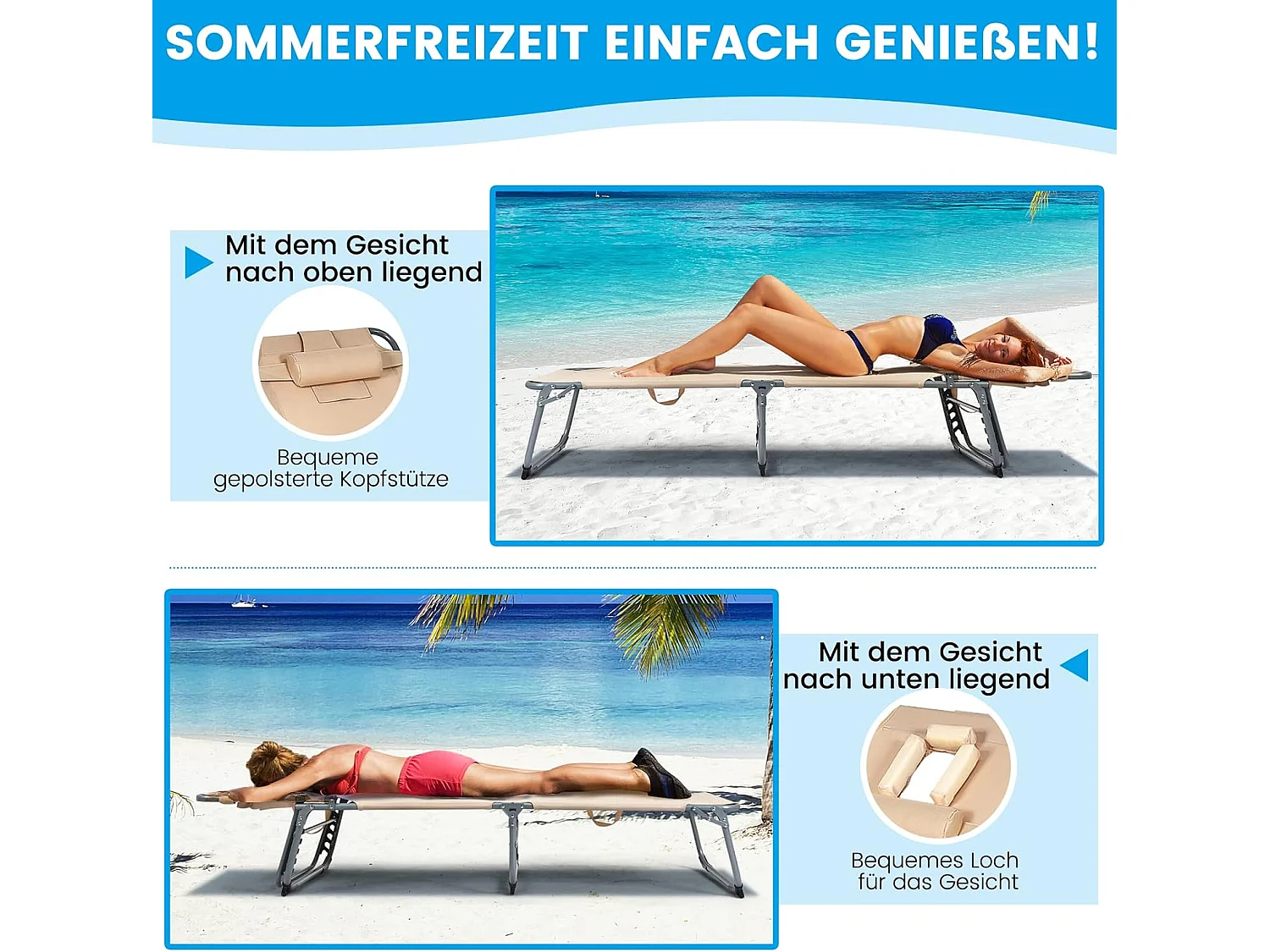 Zonneligstoel met gezichtsopening, inklapbare ligstoel met verstelbare rugleuning en hoofdsteun, strandstoel, ligstoel voor tuin, strand, AB92783 (beige)