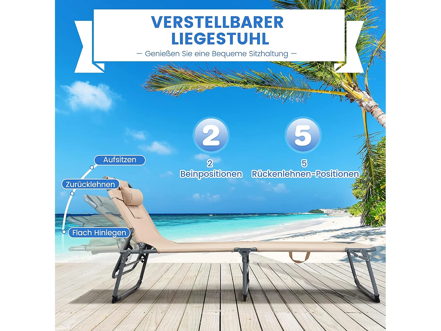 Zonneligstoel met gezichtsopening, inklapbare ligstoel met verstelbare rugleuning en hoofdsteun, strandstoel, ligstoel voor tuin, strand, AB92783 (beige)