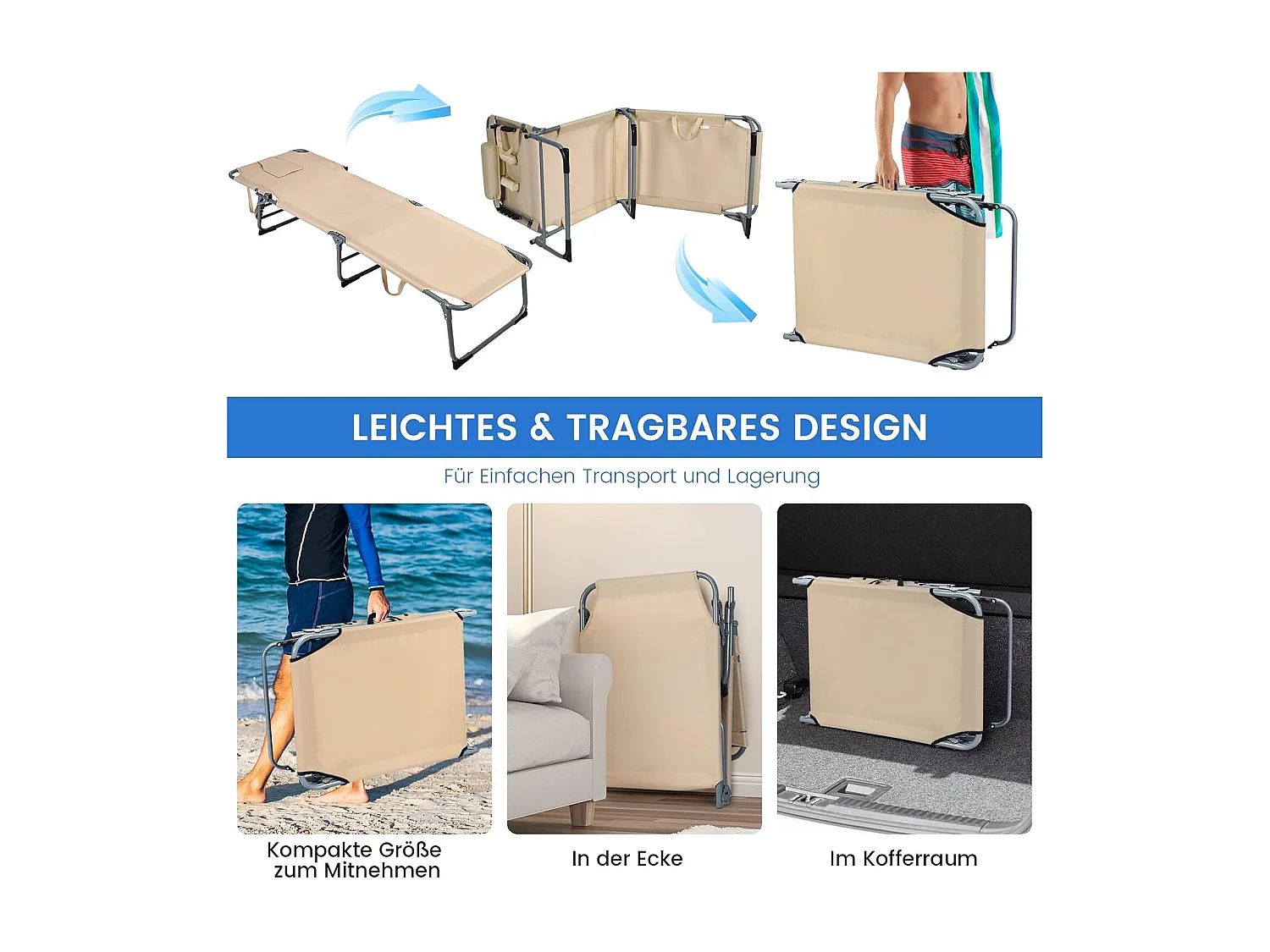 Zonneligstoel met gezichtsopening, inklapbare ligstoel met verstelbare rugleuning en hoofdsteun, strandstoel, ligstoel voor tuin, strand, AB92783 (beige)