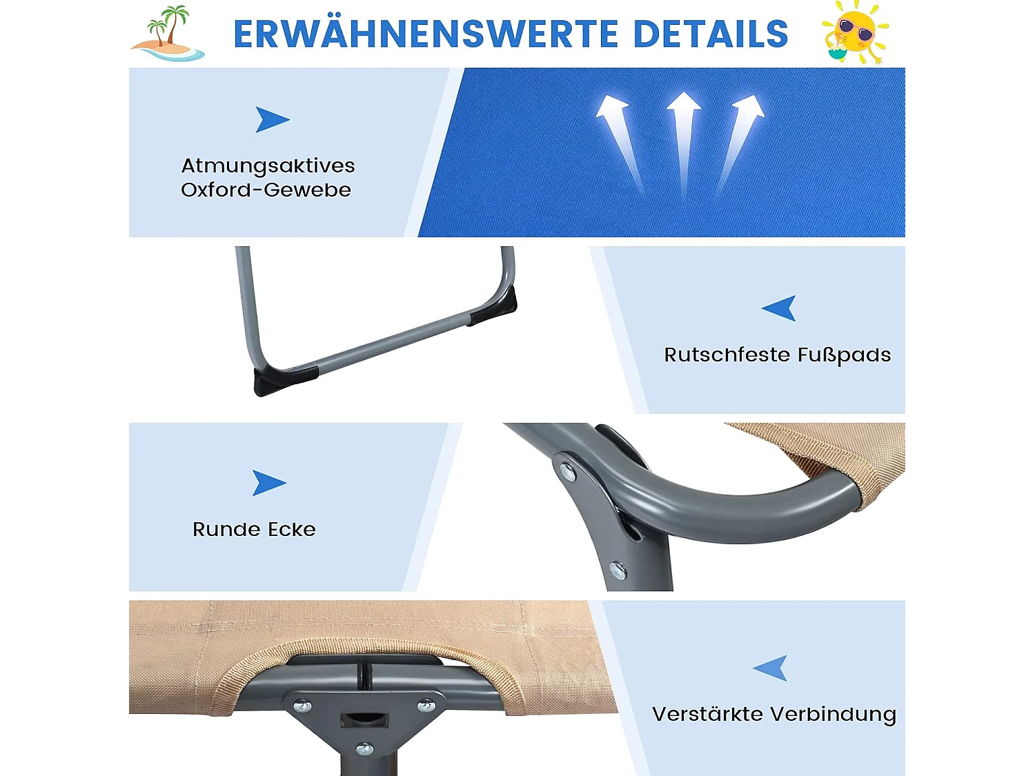 Zonneligstoel met gezichtsopening, inklapbare ligstoel met verstelbare rugleuning en hoofdsteun, strandstoel, ligstoel voor tuin, strand, AB92783 (beige)