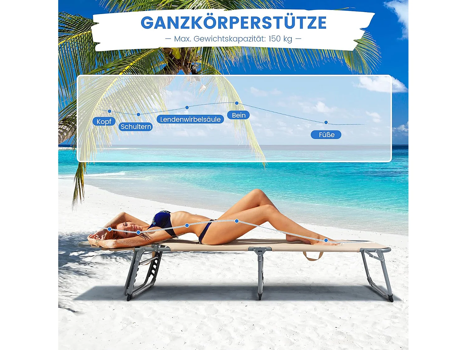 Zonneligstoel met gezichtsopening, inklapbare ligstoel met verstelbare rugleuning en hoofdsteun, strandstoel, ligstoel voor tuin, strand, AB92783 (beige)