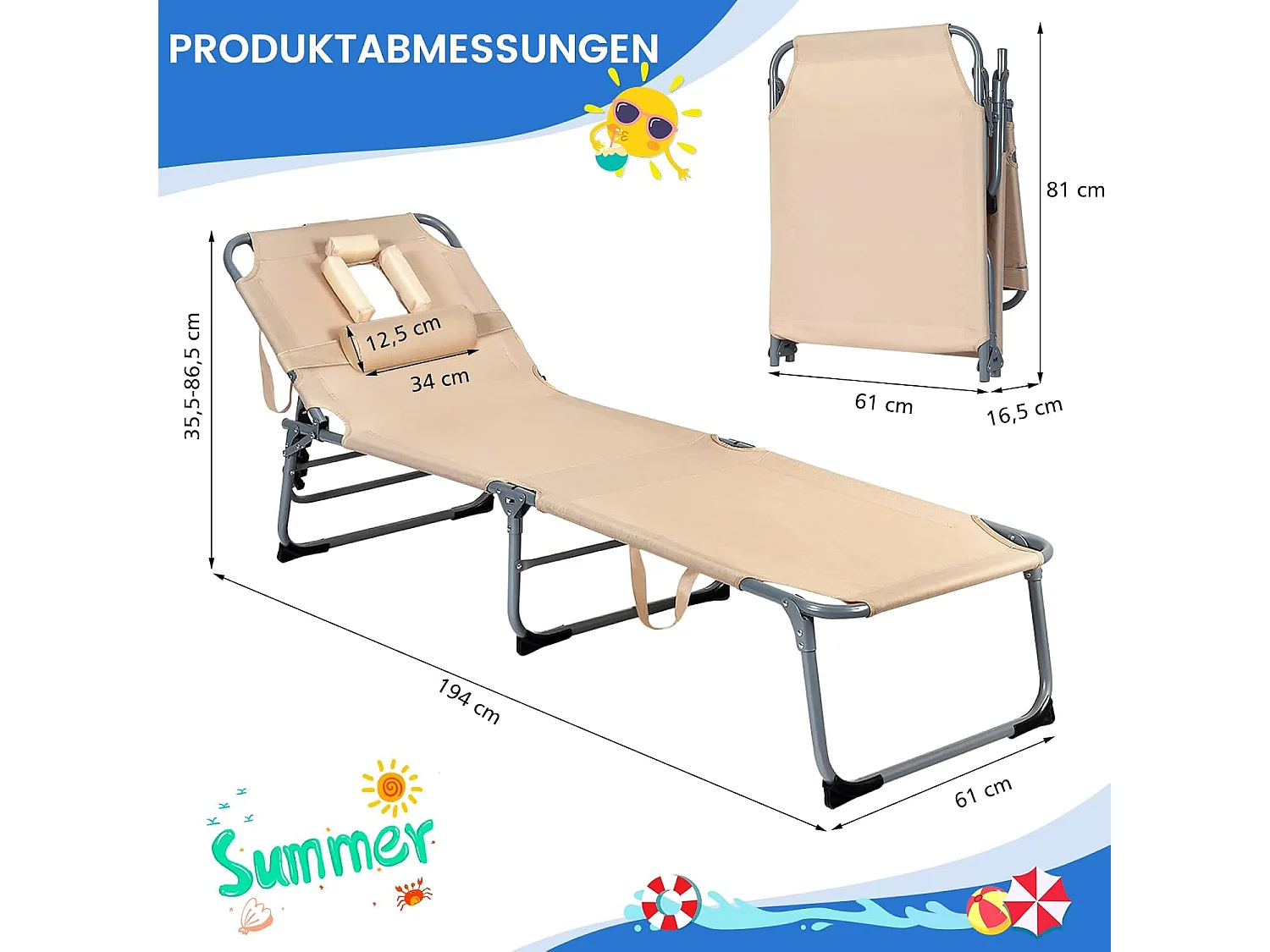 Zonneligstoel met gezichtsopening, inklapbare ligstoel met verstelbare rugleuning en hoofdsteun, strandstoel, ligstoel voor tuin, strand, AB92783 (beige)