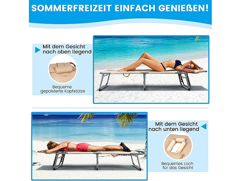 Zonneligstoel met gezichtsopening, inklapbare ligstoel met verstelbare rugleuning en hoofdsteun, strandstoel, ligstoel voor tuin, strand, AB92783 (beige)