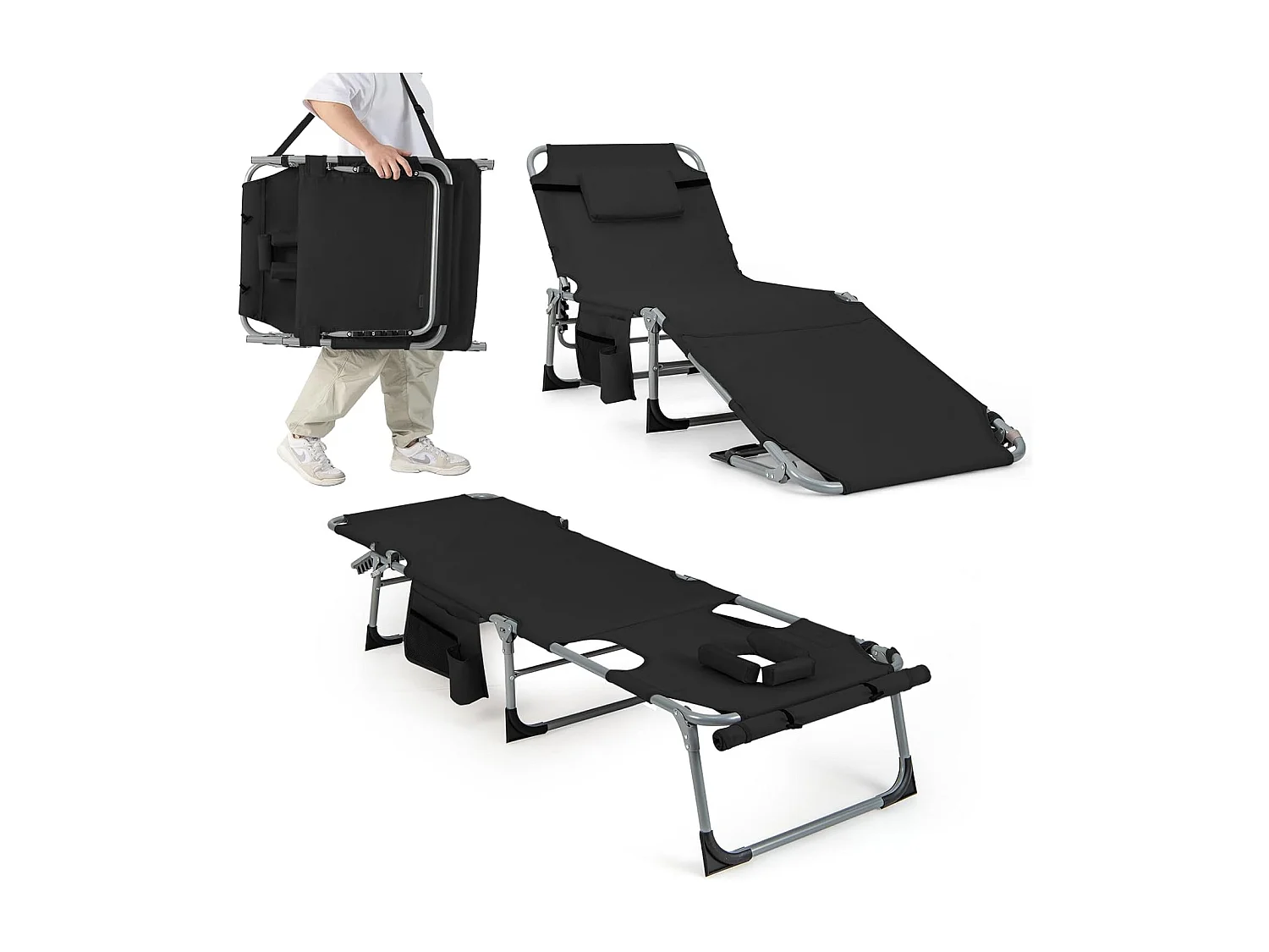 Zonneligstoel met gezichtsopening, opvouwbare ligstoel met verstelbare rugleuning en voetensteun, zijzak, ligstoel voor strand, tuin, balkon, zwartZB33480