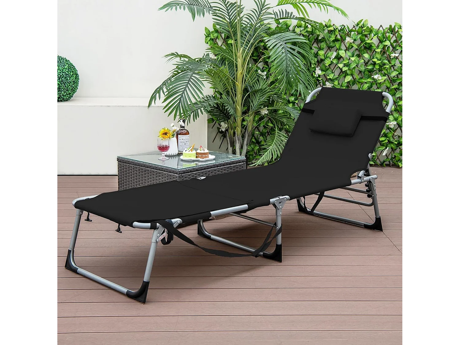 Zonneligstoel met gezichtsopening, opvouwbare ligstoel met verstelbare rugleuning en voetensteun, zijzak, ligstoel voor strand, tuin, balkon, zwartZB33480