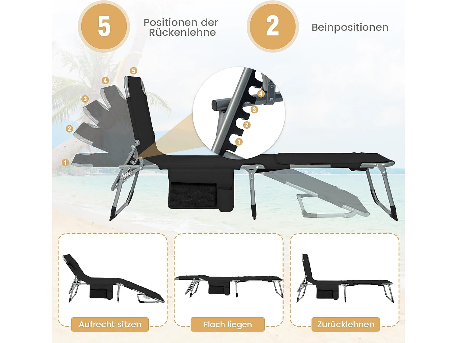 Zonneligstoel met gezichtsopening, opvouwbare ligstoel met verstelbare rugleuning en voetensteun, zijzak, ligstoel voor strand, tuin, balkon, zwartZB33480