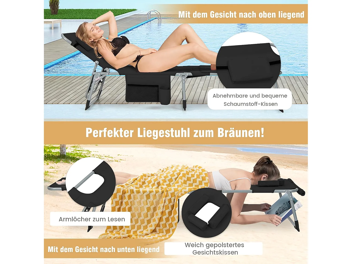 Zonneligstoel met gezichtsopening, opvouwbare ligstoel met verstelbare rugleuning en voetensteun, zijzak, ligstoel voor strand, tuin, balkon, zwartZB33480