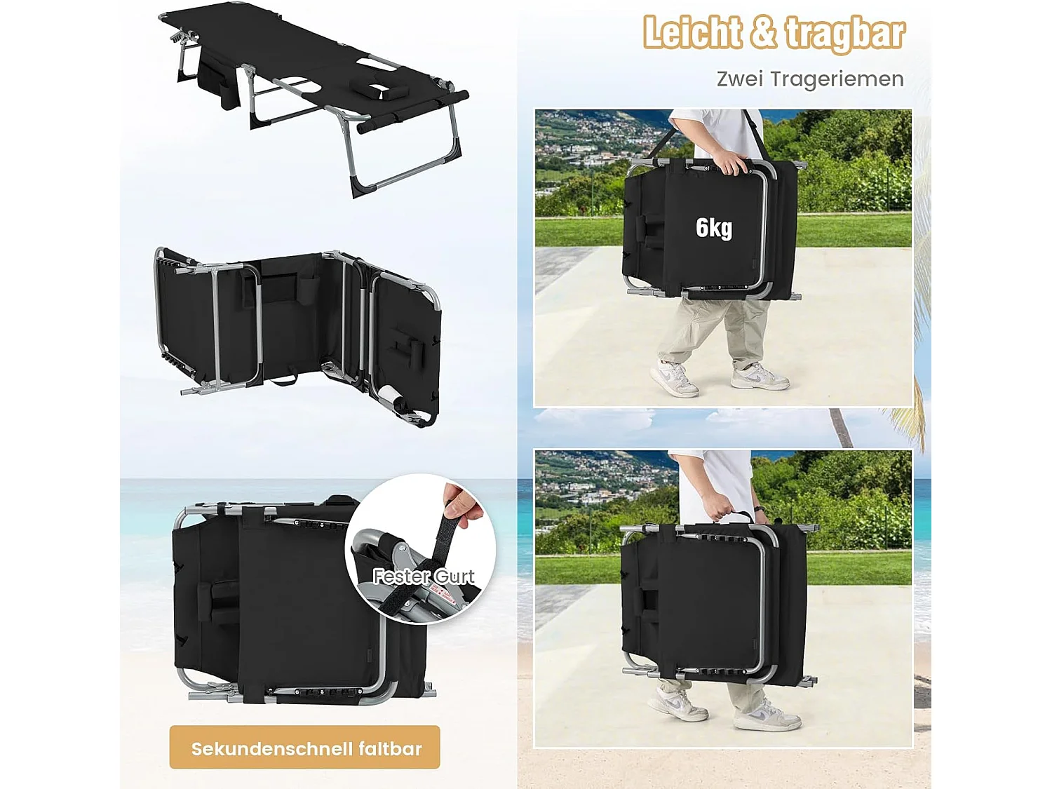 Zonneligstoel met gezichtsopening, opvouwbare ligstoel met verstelbare rugleuning en voetensteun, zijzak, ligstoel voor strand, tuin, balkon, zwartZB33480