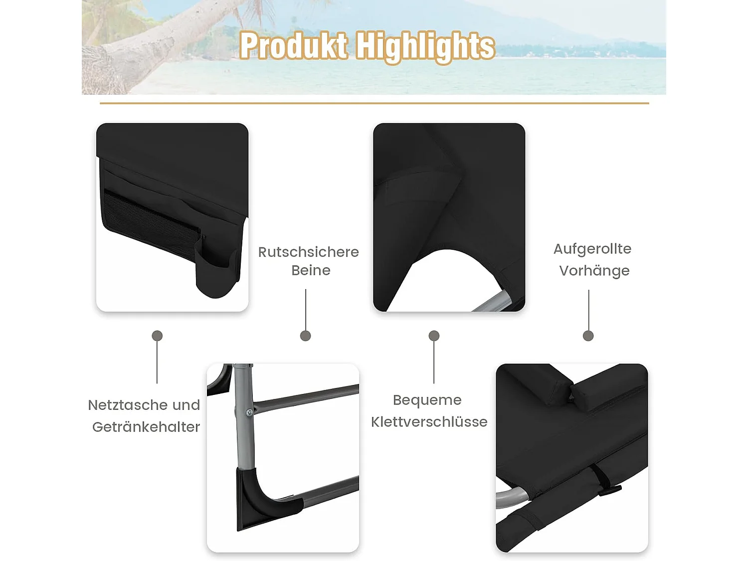 Zonneligstoel met gezichtsopening, opvouwbare ligstoel met verstelbare rugleuning en voetensteun, zijzak, ligstoel voor strand, tuin, balkon, zwartZB33480
