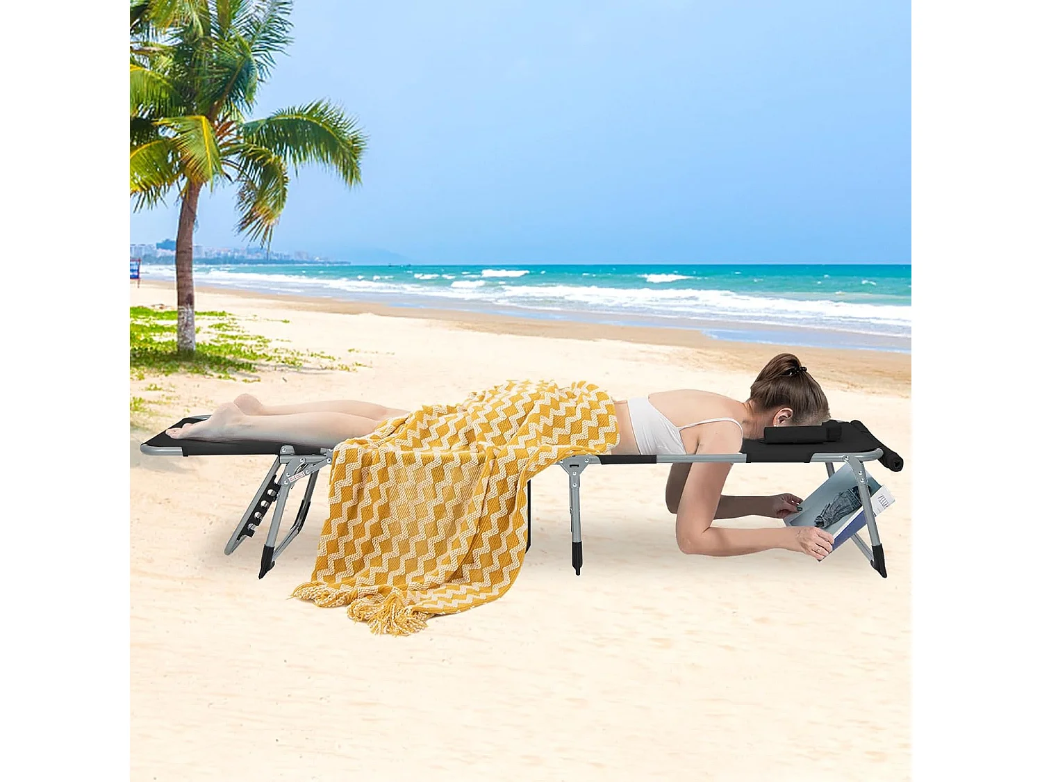 Zonneligstoel met gezichtsopening, opvouwbare ligstoel met verstelbare rugleuning en voetensteun, zijzak, ligstoel voor strand, tuin, balkon, zwartZB33480