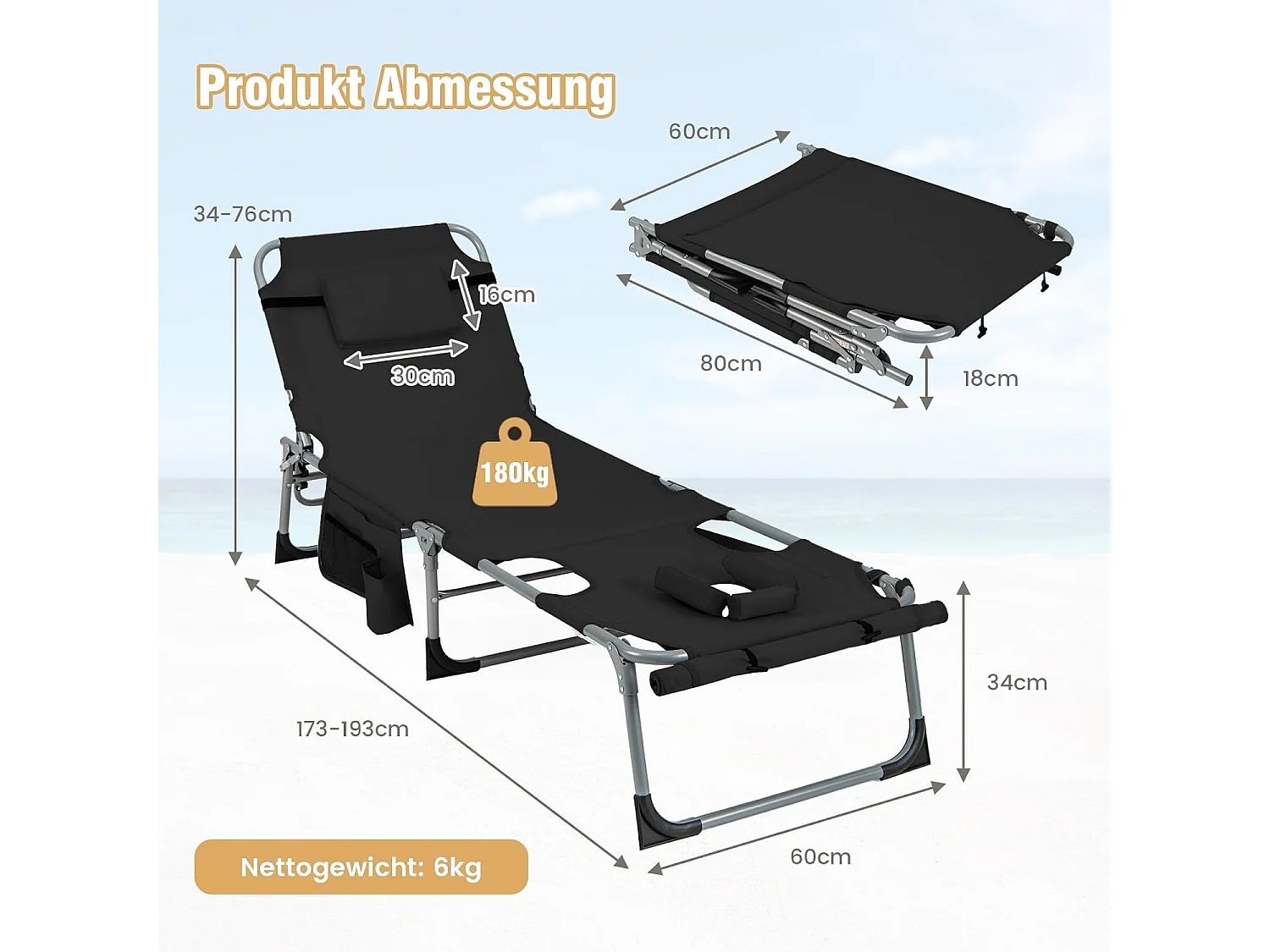 Zonneligstoel met gezichtsopening, opvouwbare ligstoel met verstelbare rugleuning en voetensteun, zijzak, ligstoel voor strand, tuin, balkon, zwartZB33480