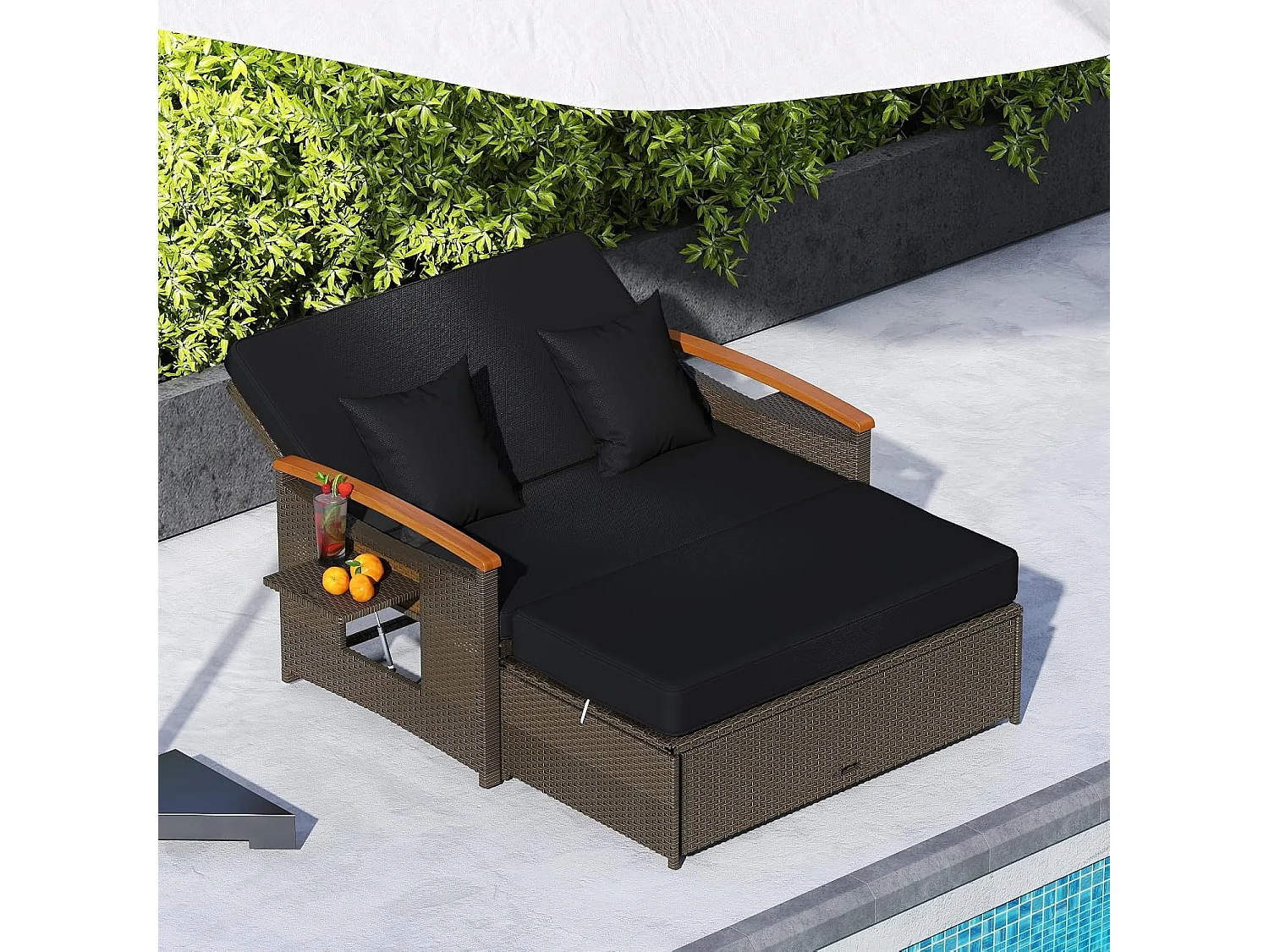 Rotan Lounge Bank, loungemeubel,tuinbank met ligfunctie, 2-zits tuinlounge met kussens en zijplanken, polyrotan tuinmeubelen, balkonmeubels,klein balkonTI93849