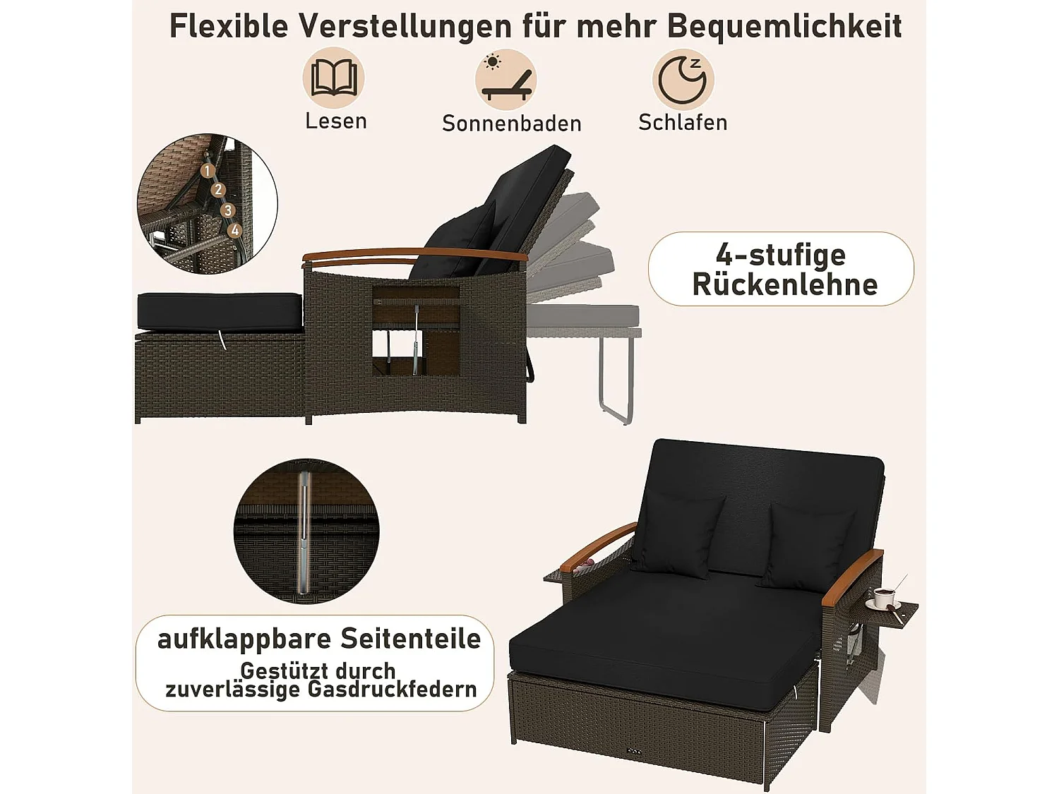 Rotan Lounge Bank, loungemeubel,tuinbank met ligfunctie, 2-zits tuinlounge met kussens en zijplanken, polyrotan tuinmeubelen, balkonmeubels,klein balkonTI93849